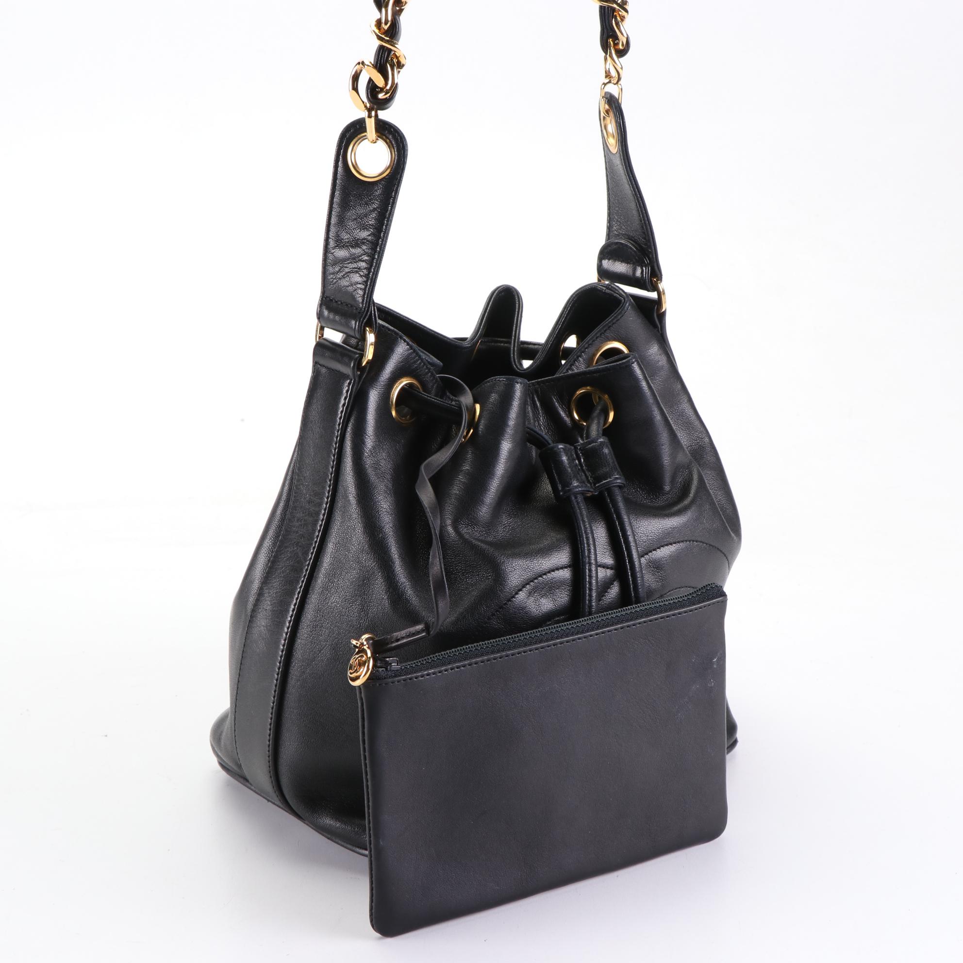 Chanel CC Drawstring Bucket Bag in Black Leather with Zip Pouch