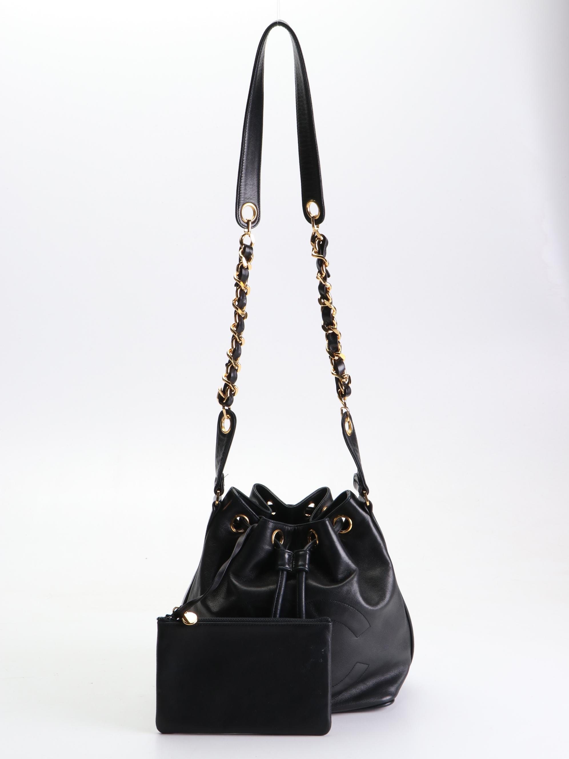 Chanel CC Drawstring Bucket Bag in Black Leather with Zip Pouch