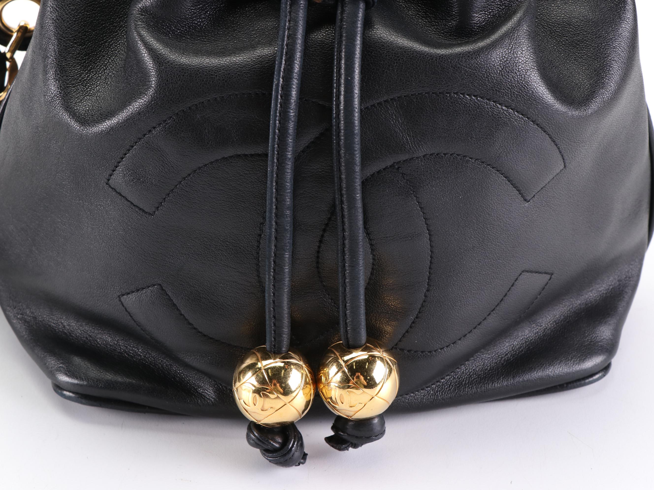 Chanel CC Drawstring Bucket Bag in Black Leather with Zip Pouch