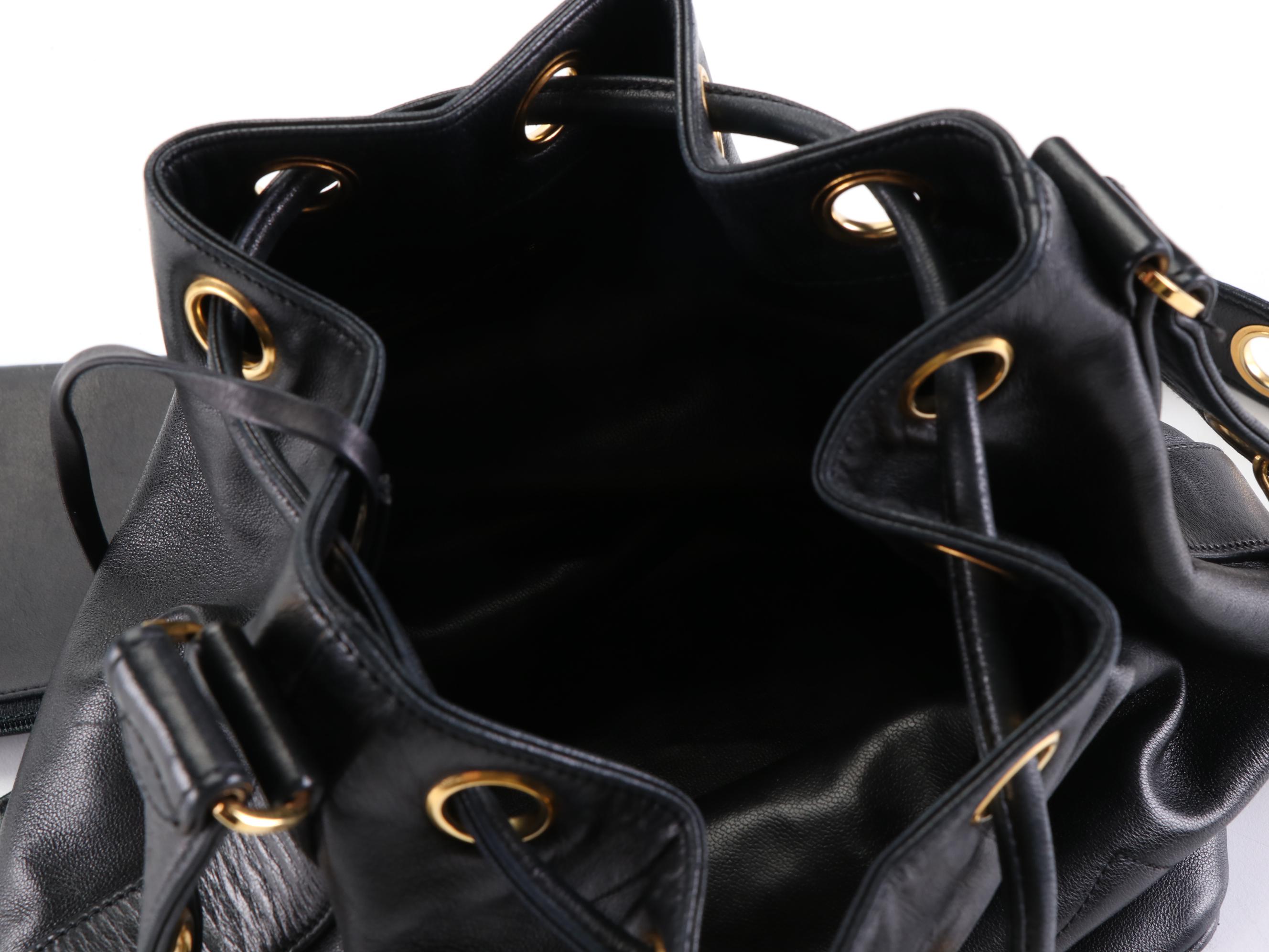 Chanel CC Drawstring Bucket Bag in Black Leather with Zip Pouch