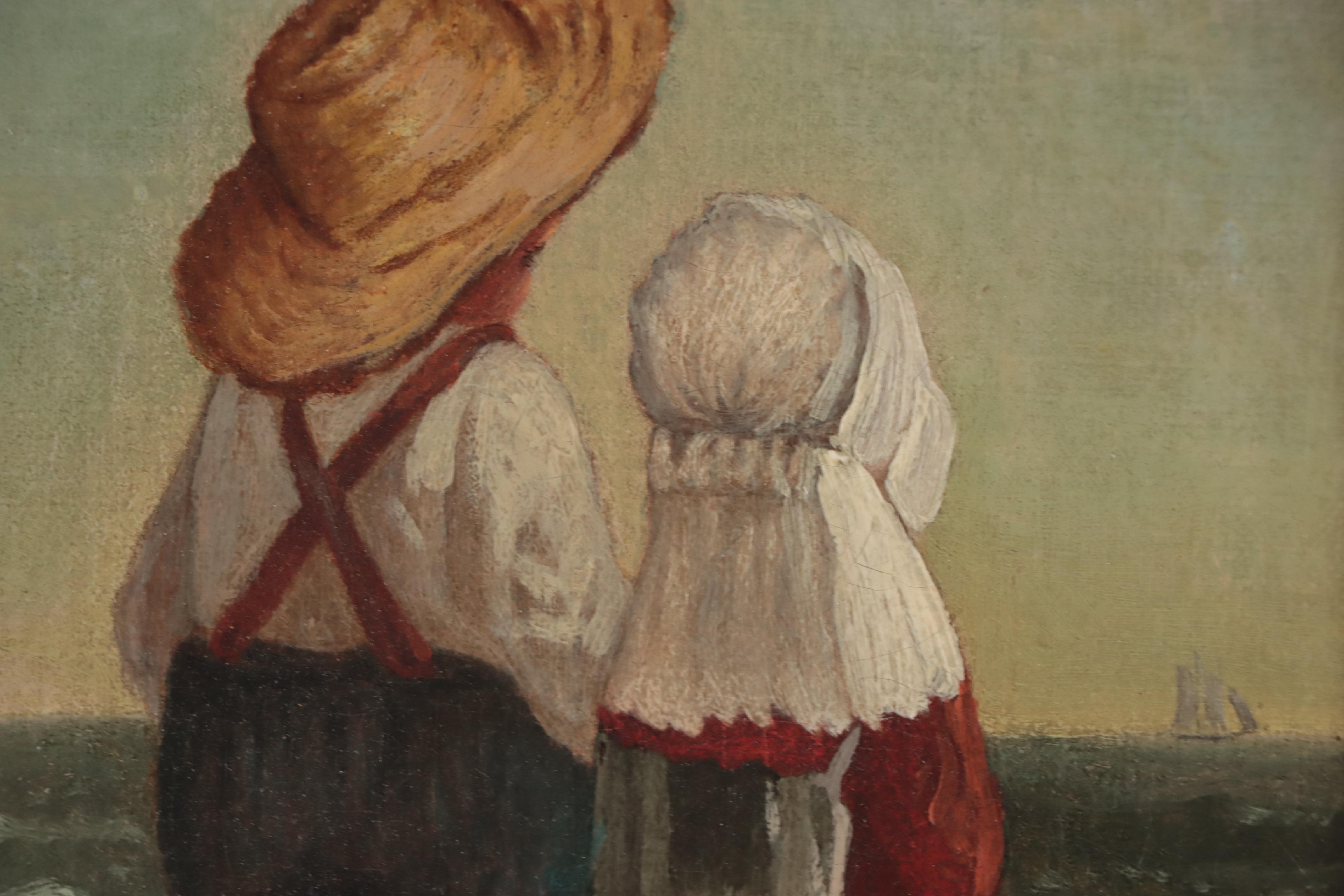 Seascape Oil Painting of Figures on Beach, Mid-Late 19th Century