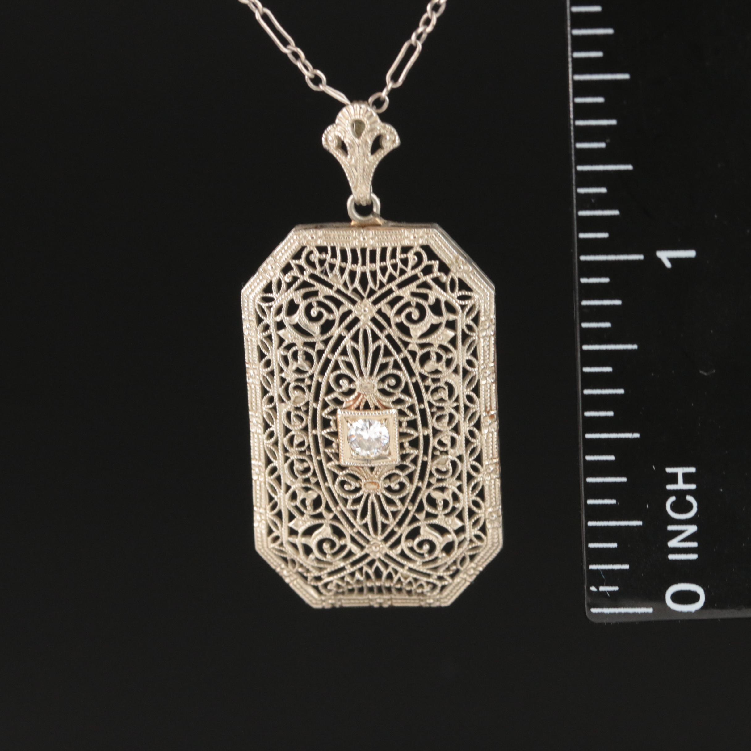 Edwardian 10K 0.10 CT Diamond Filigree Pendant with Crinkle Chain Necklace