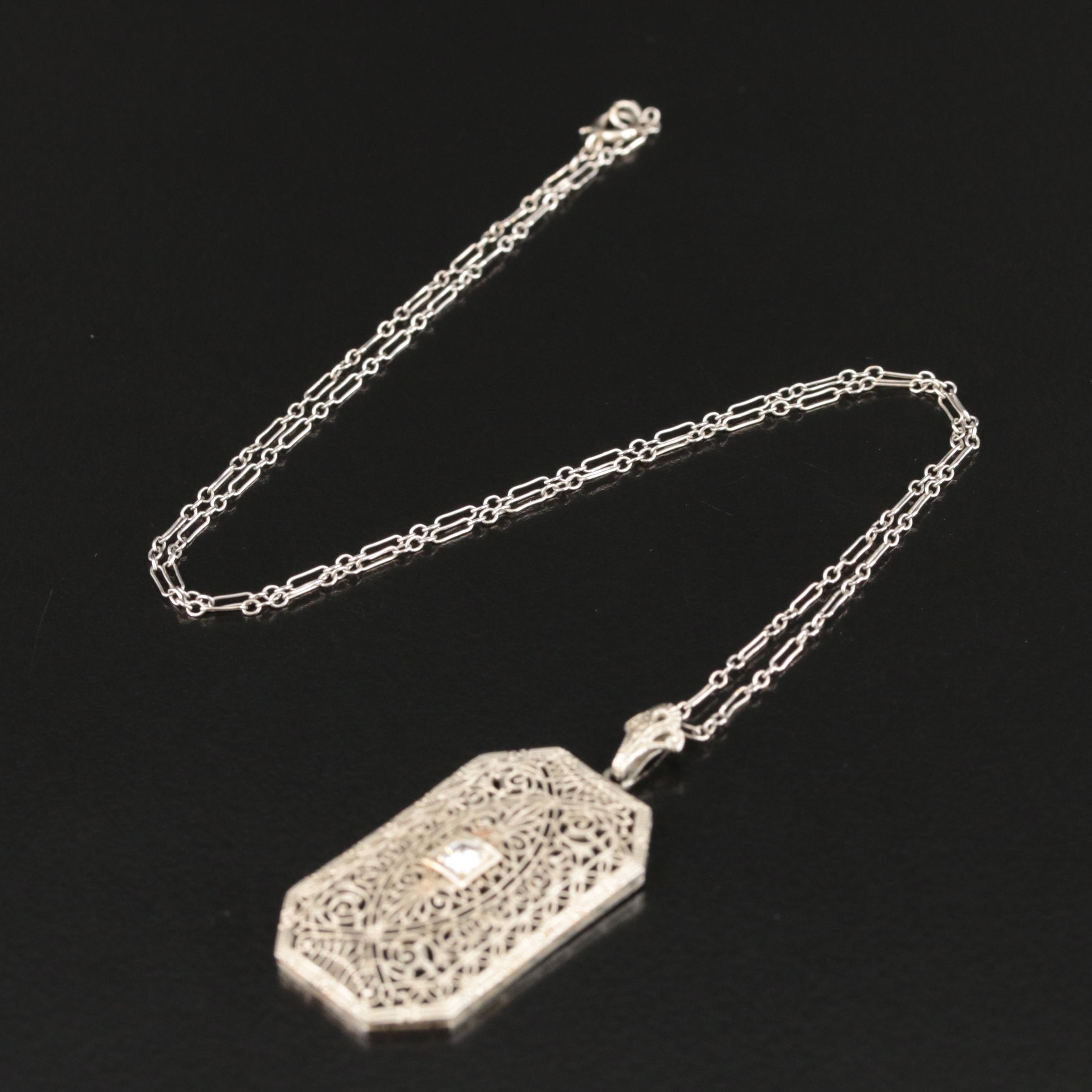 Edwardian 10K 0.10 CT Diamond Filigree Pendant with Crinkle Chain Necklace