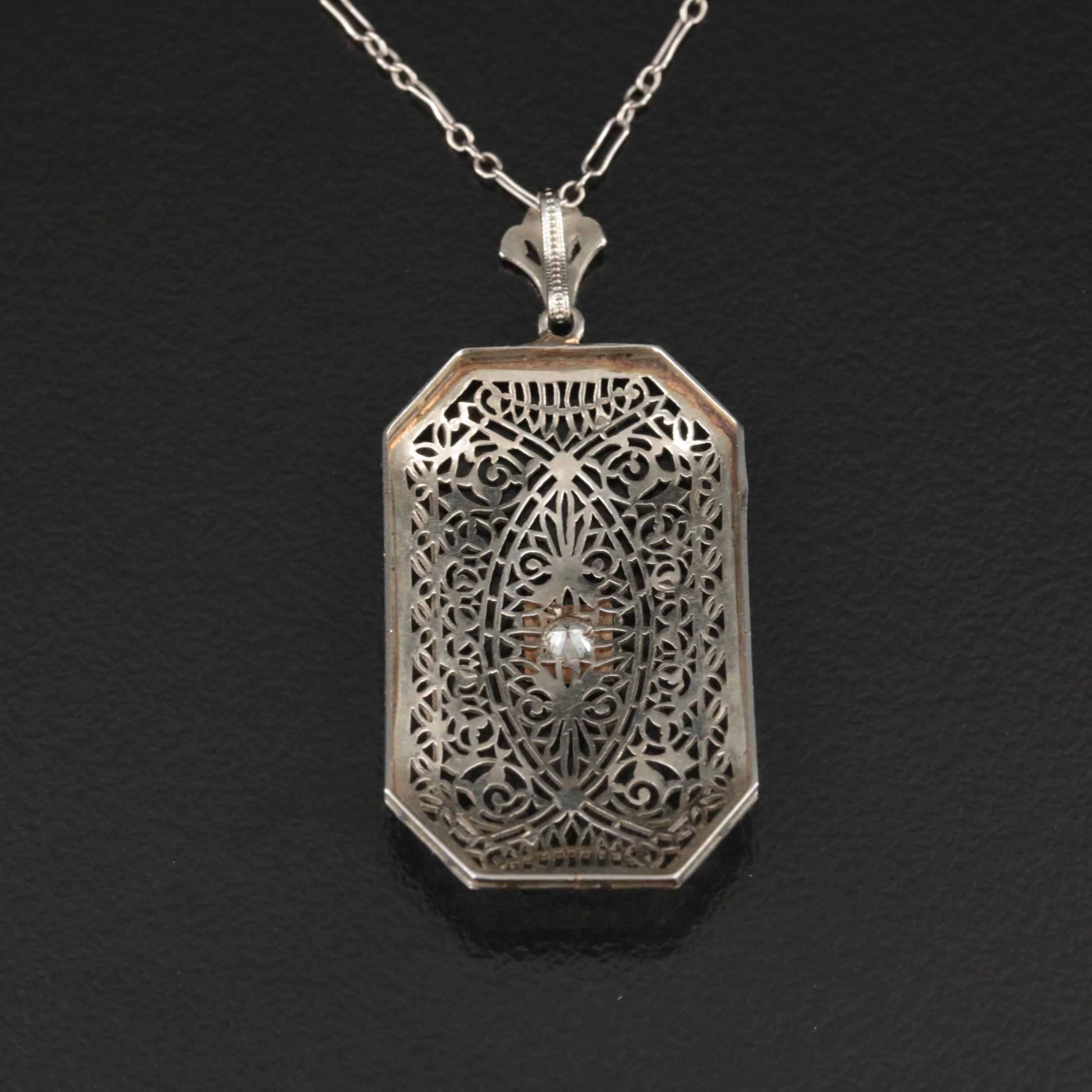 Edwardian 10K 0.10 CT Diamond Filigree Pendant with Crinkle Chain Necklace