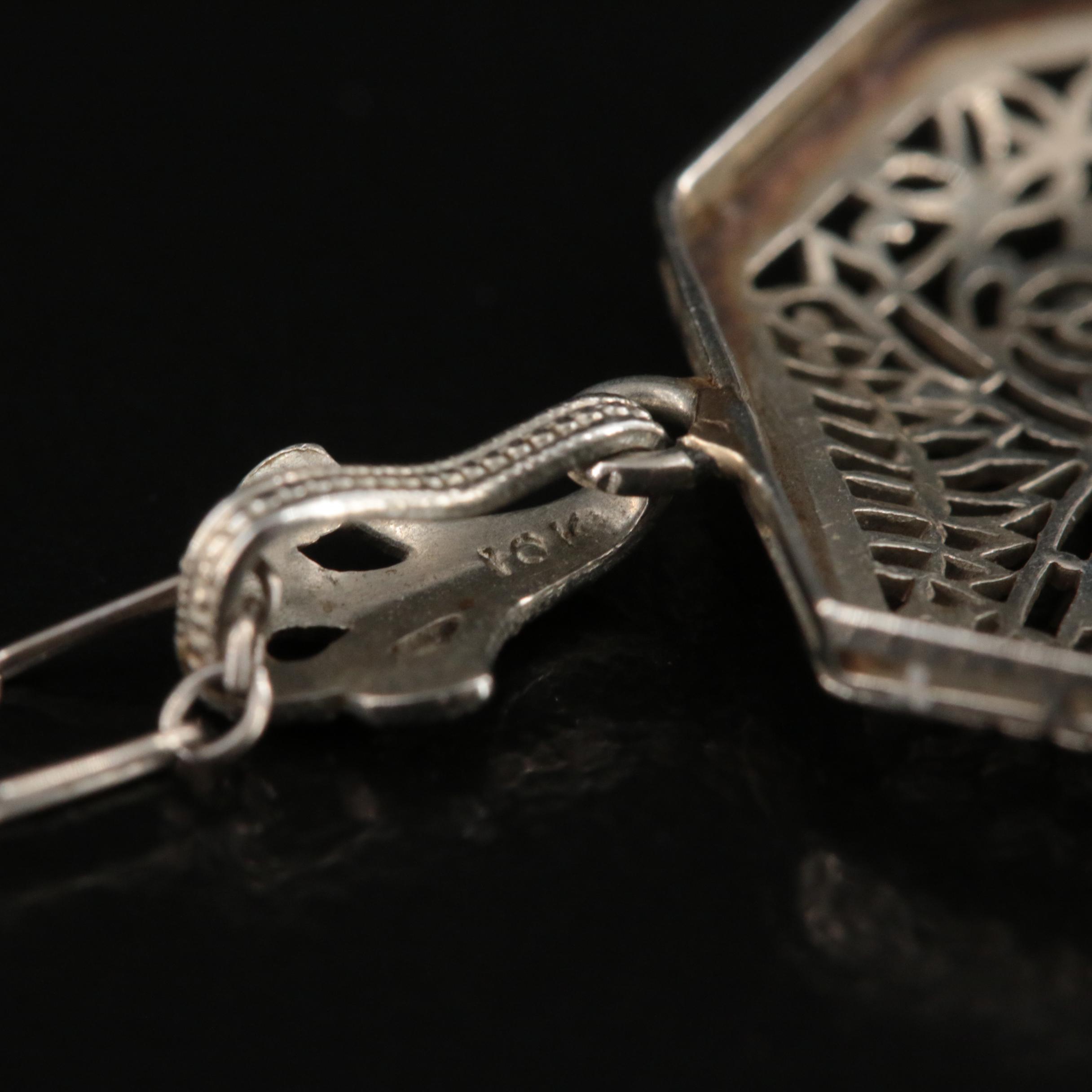 Edwardian 10K 0.10 CT Diamond Filigree Pendant with Crinkle Chain Necklace