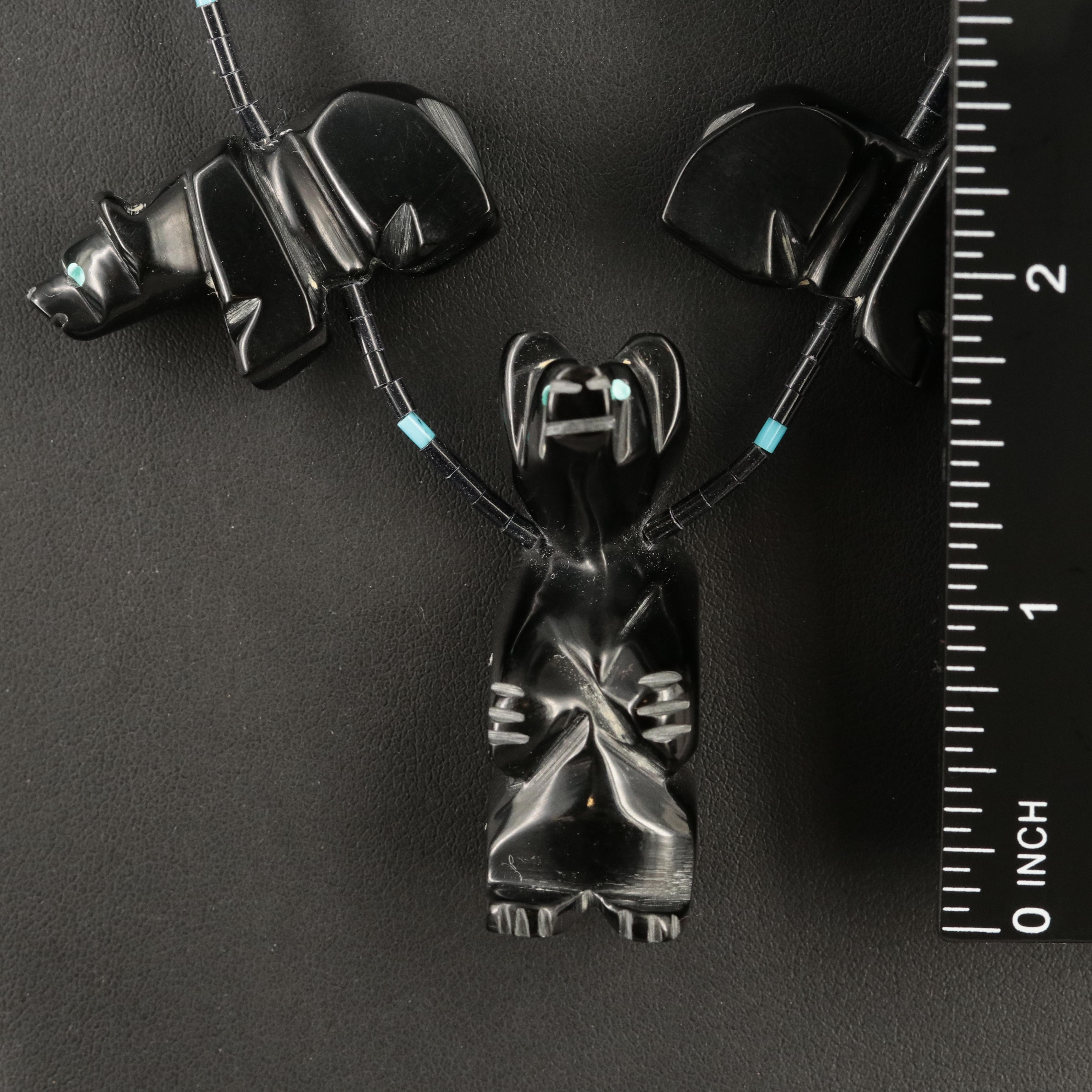 Southwestern Carved Faux Onyx and Faux Turquoise Fetish Bear Necklace