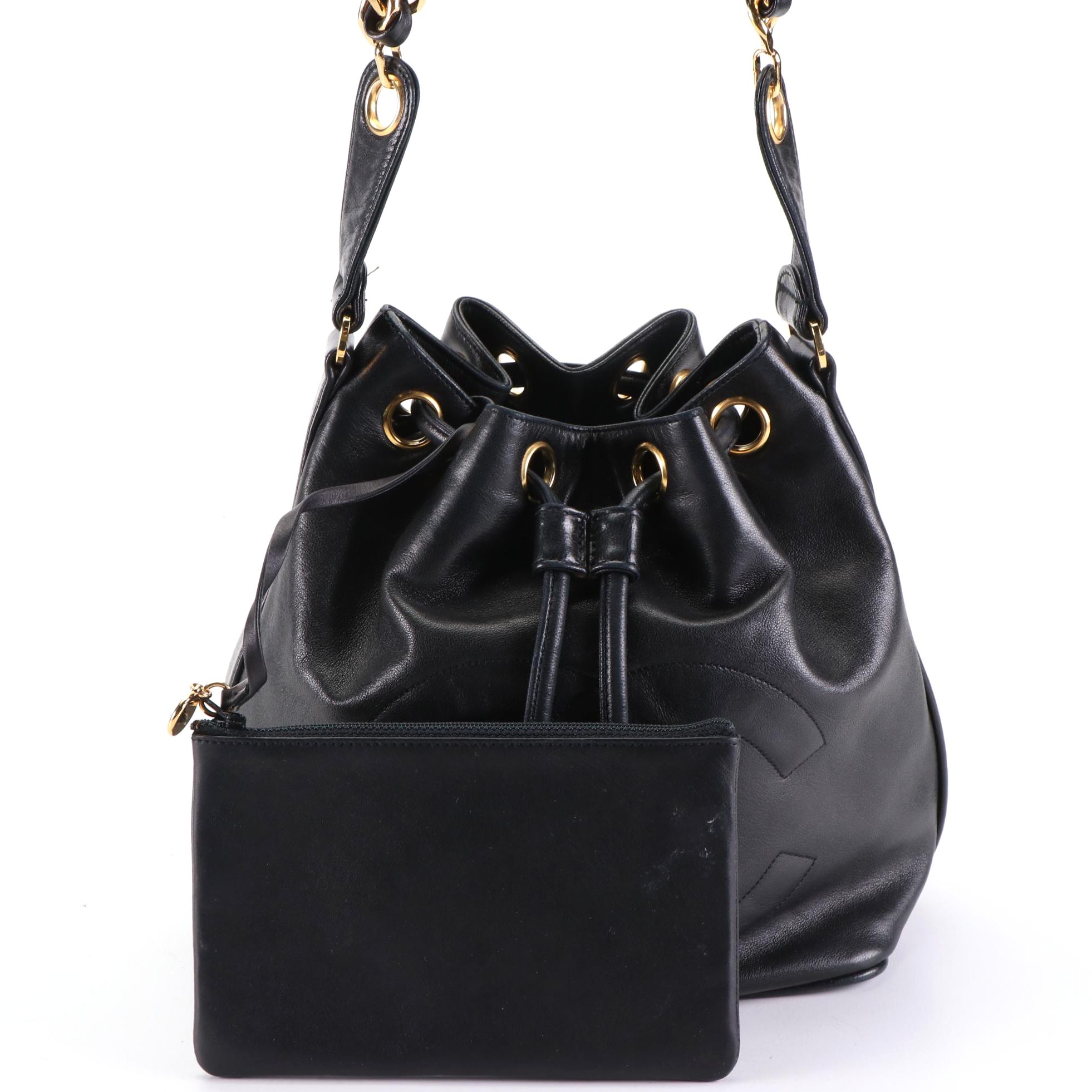 Chanel CC Drawstring Bucket Bag in Black Leather with Zip Pouch