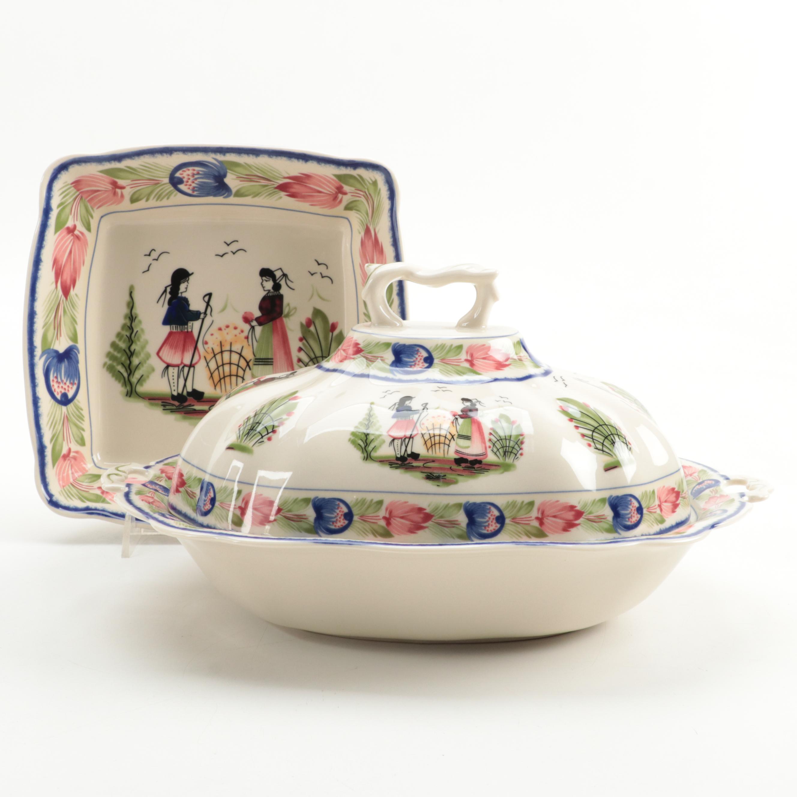 Victoria Ware and Other Quimper Style Tea Set with Serving Pieces