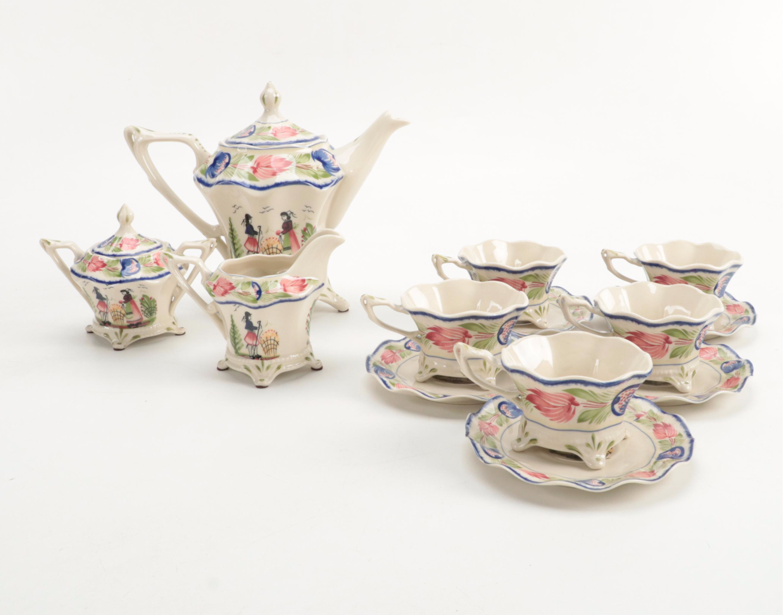 Victoria Ware and Other Quimper Style Tea Set with Serving Pieces