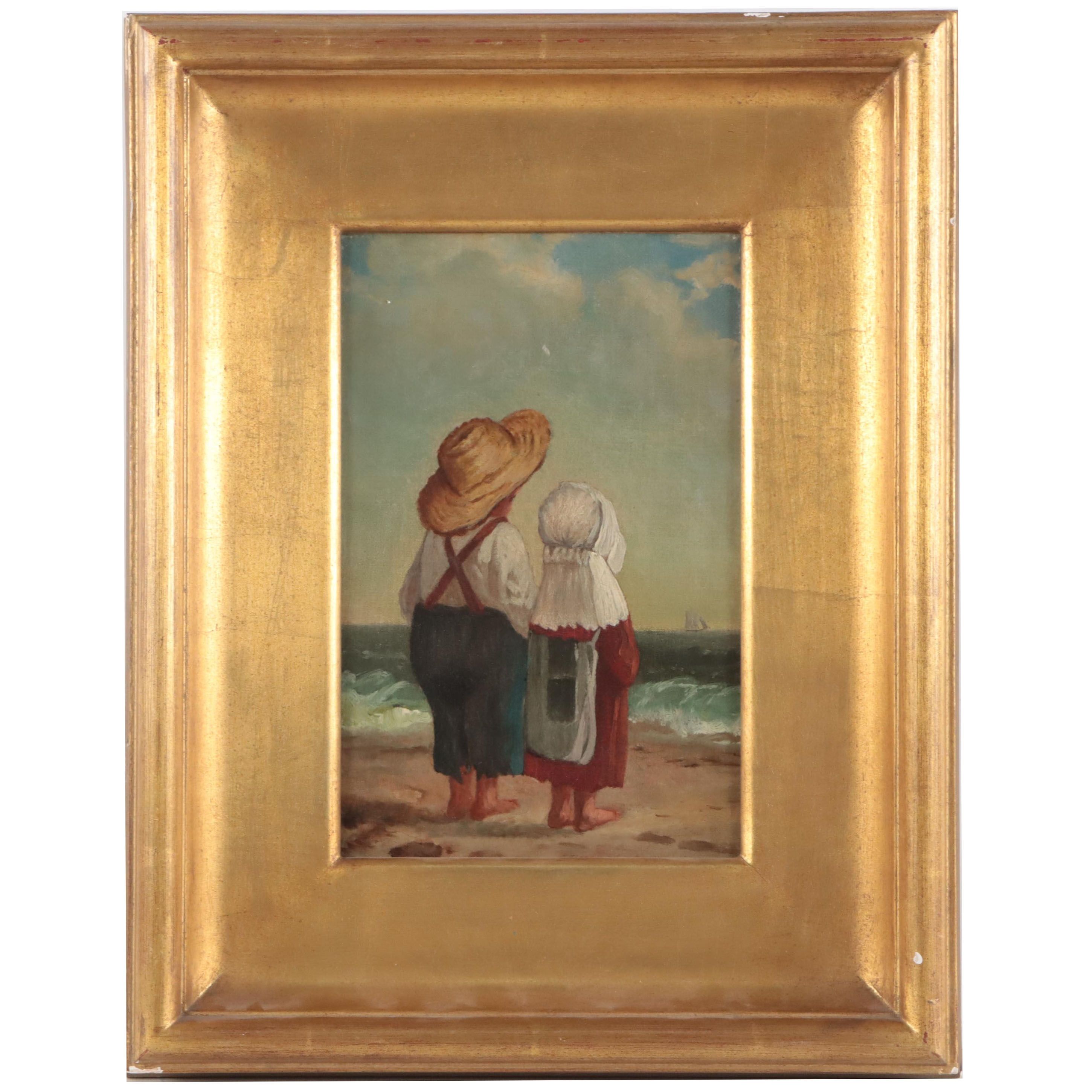 Seascape Oil Painting of Figures on Beach, Mid-Late 19th Century