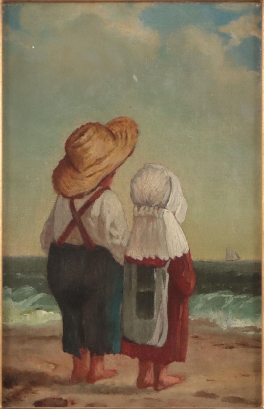 Seascape Oil Painting of Figures on Beach, Mid-Late 19th Century