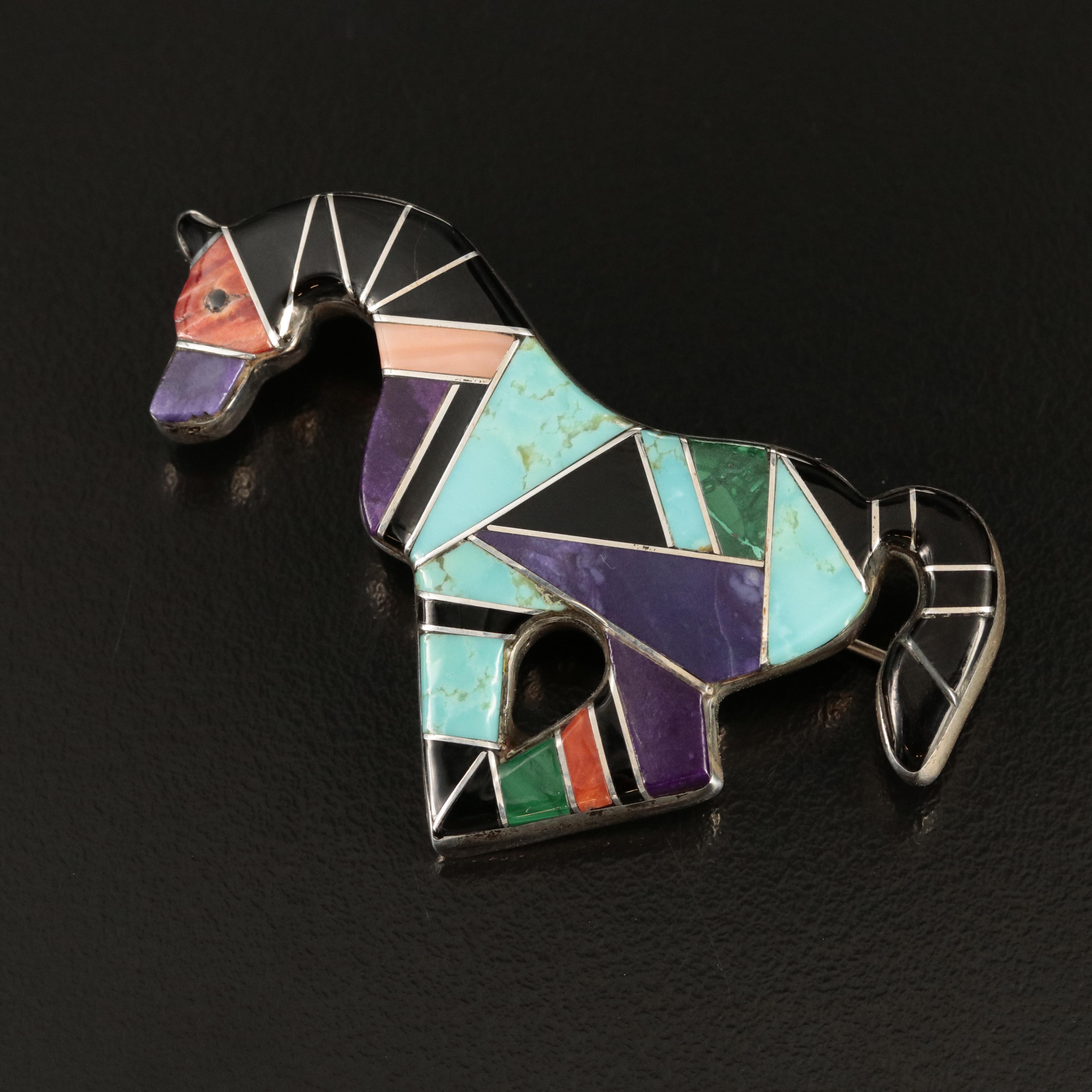 Southwestern L.J. Nelson Sterling Inlay Horse Brooch