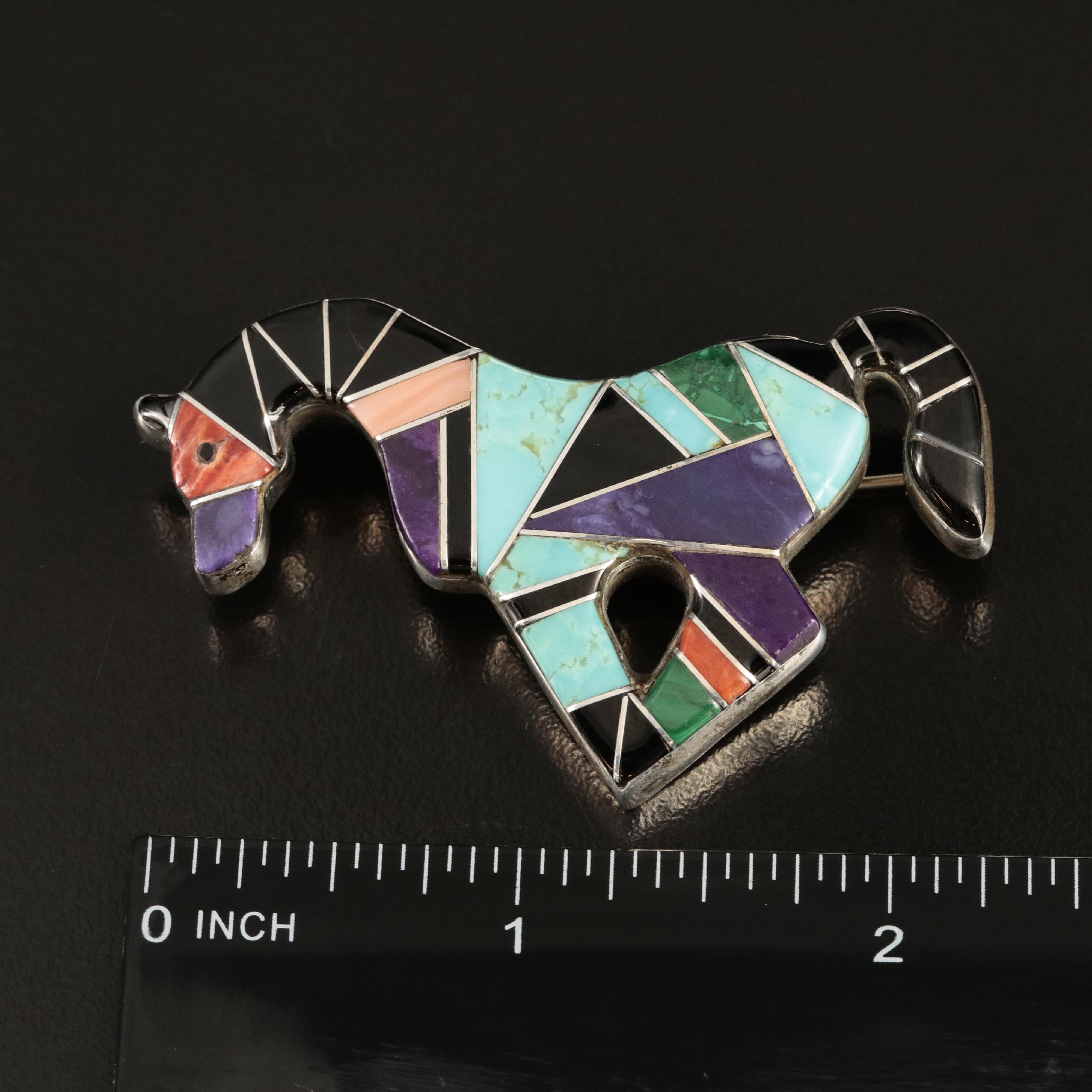 Southwestern L.J. Nelson Sterling Inlay Horse Brooch