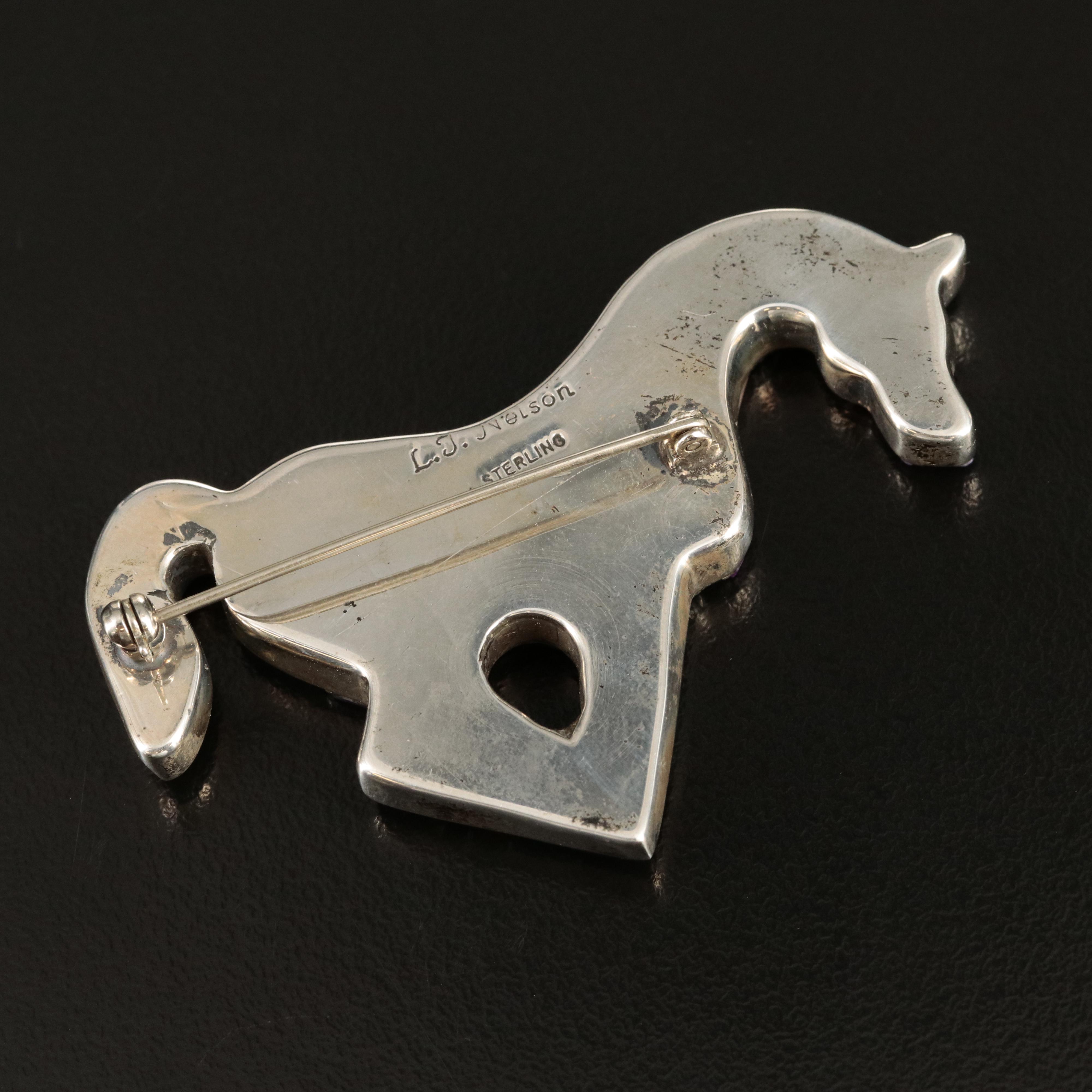 Southwestern L.J. Nelson Sterling Inlay Horse Brooch