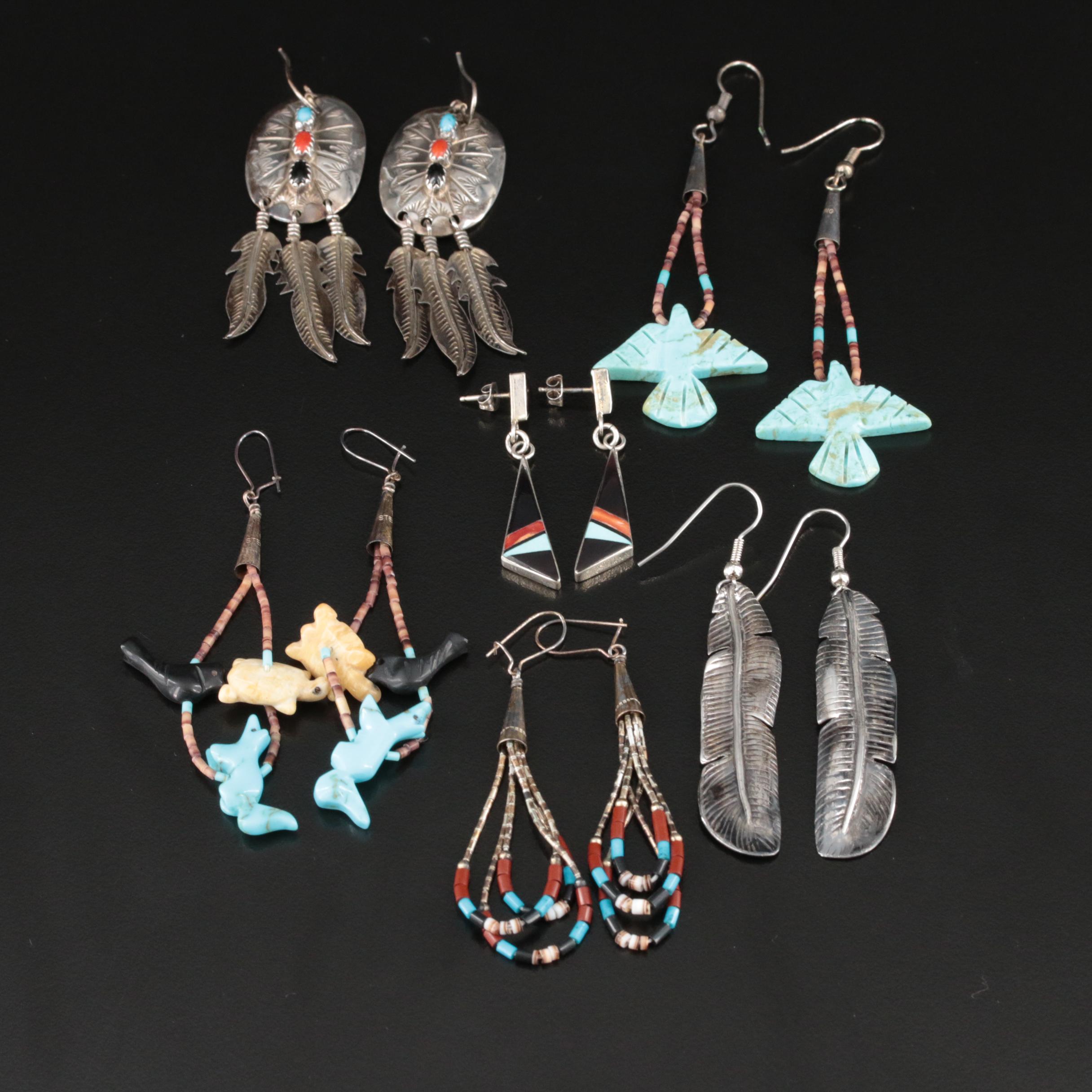 Zuni and Other Southwestern Sterling Fetish and Signed Earrings with Gemstones
