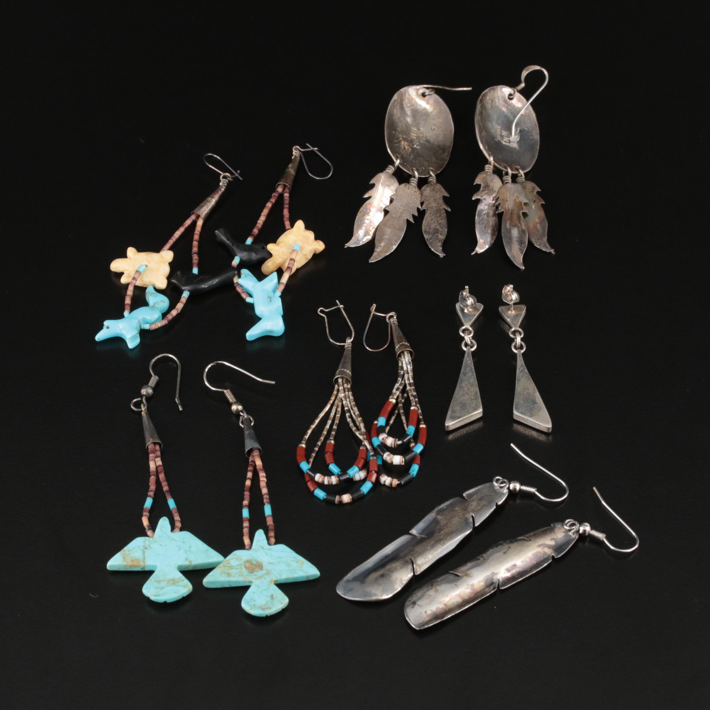 Zuni and Other Southwestern Sterling Fetish and Signed Earrings with Gemstones