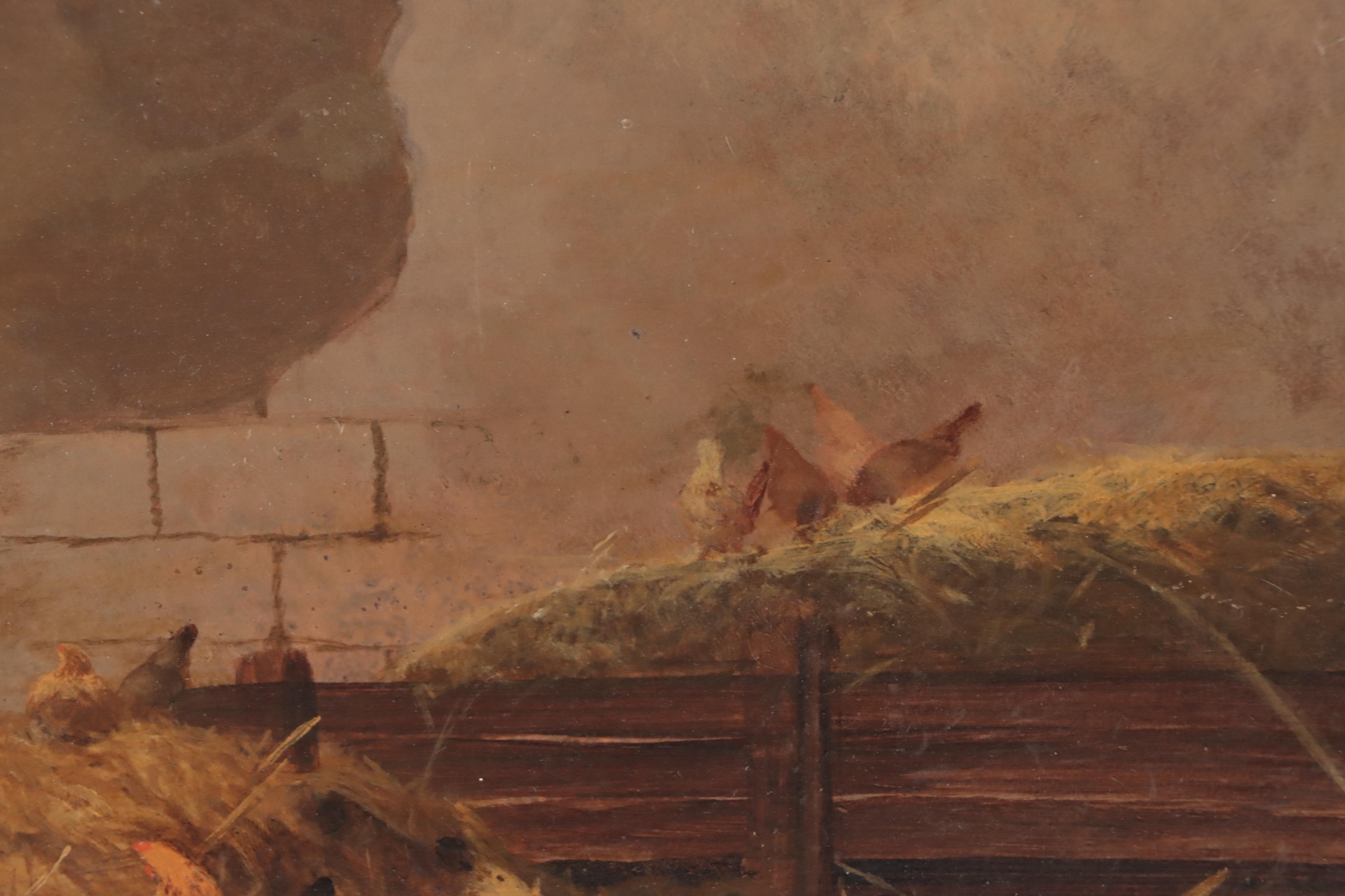 Bucolic Oil Painting of Chickens in a Barn, Late 19th-Early 20th Century