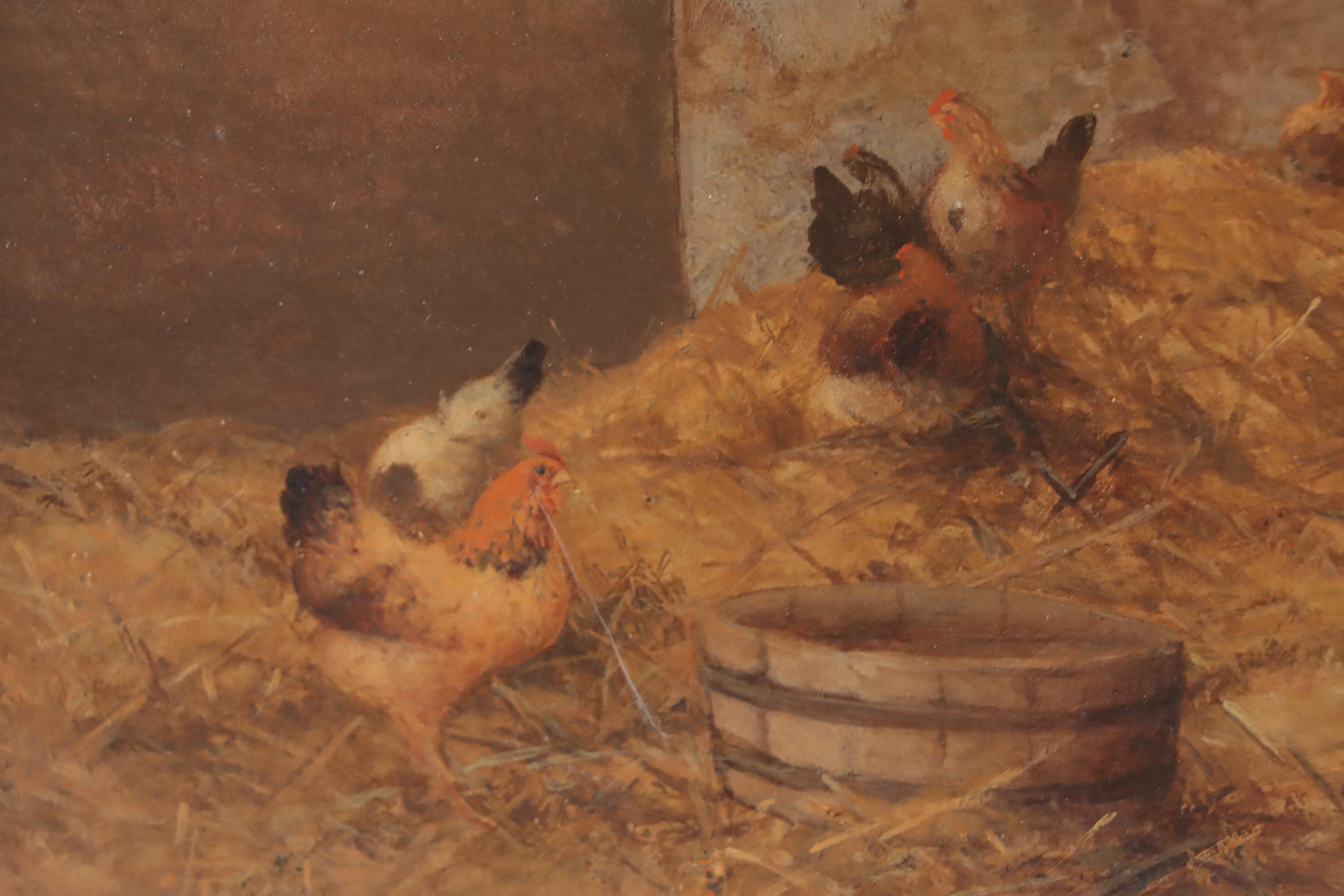 Bucolic Oil Painting of Chickens in a Barn, Late 19th-Early 20th Century
