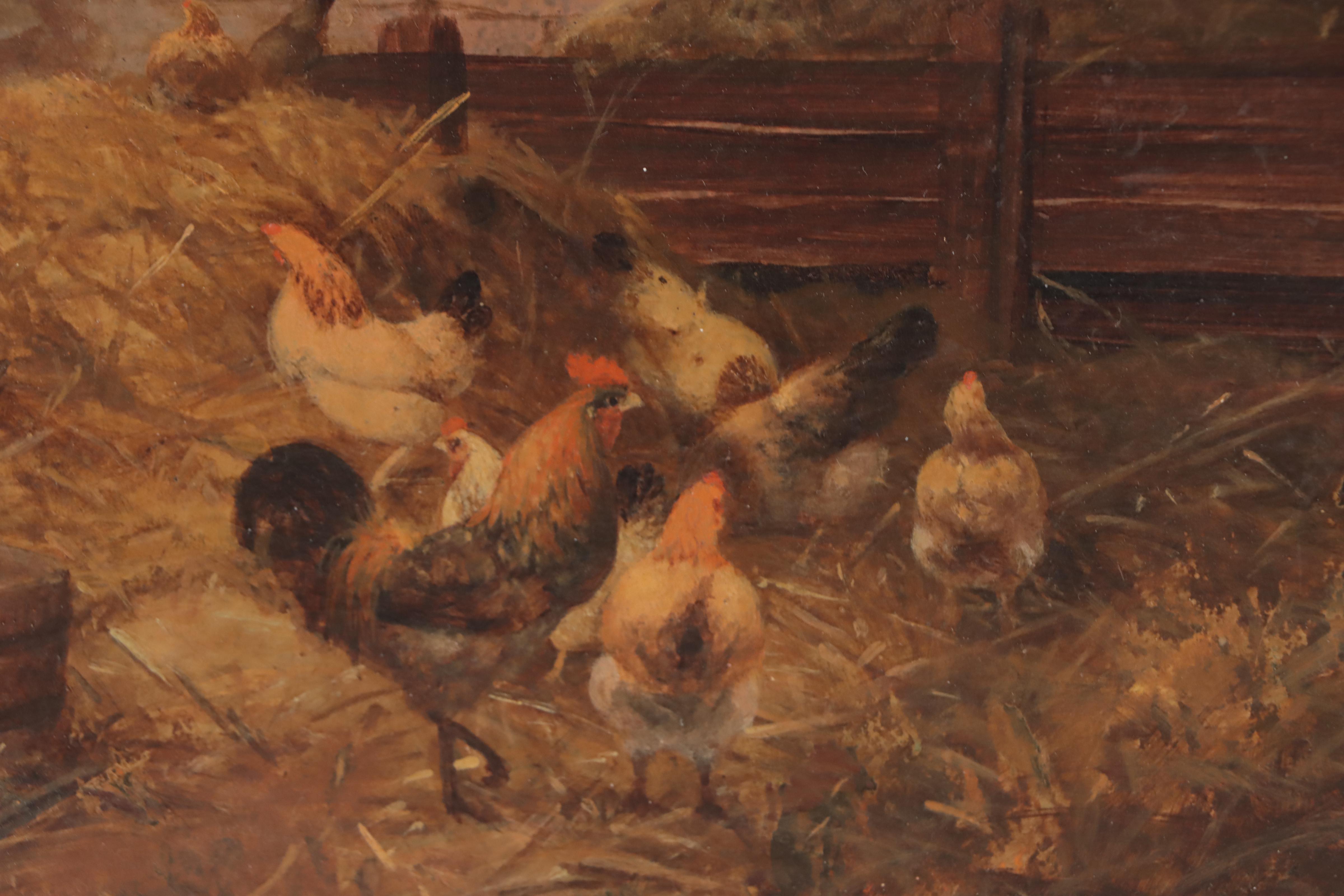 Bucolic Oil Painting of Chickens in a Barn, Late 19th-Early 20th Century