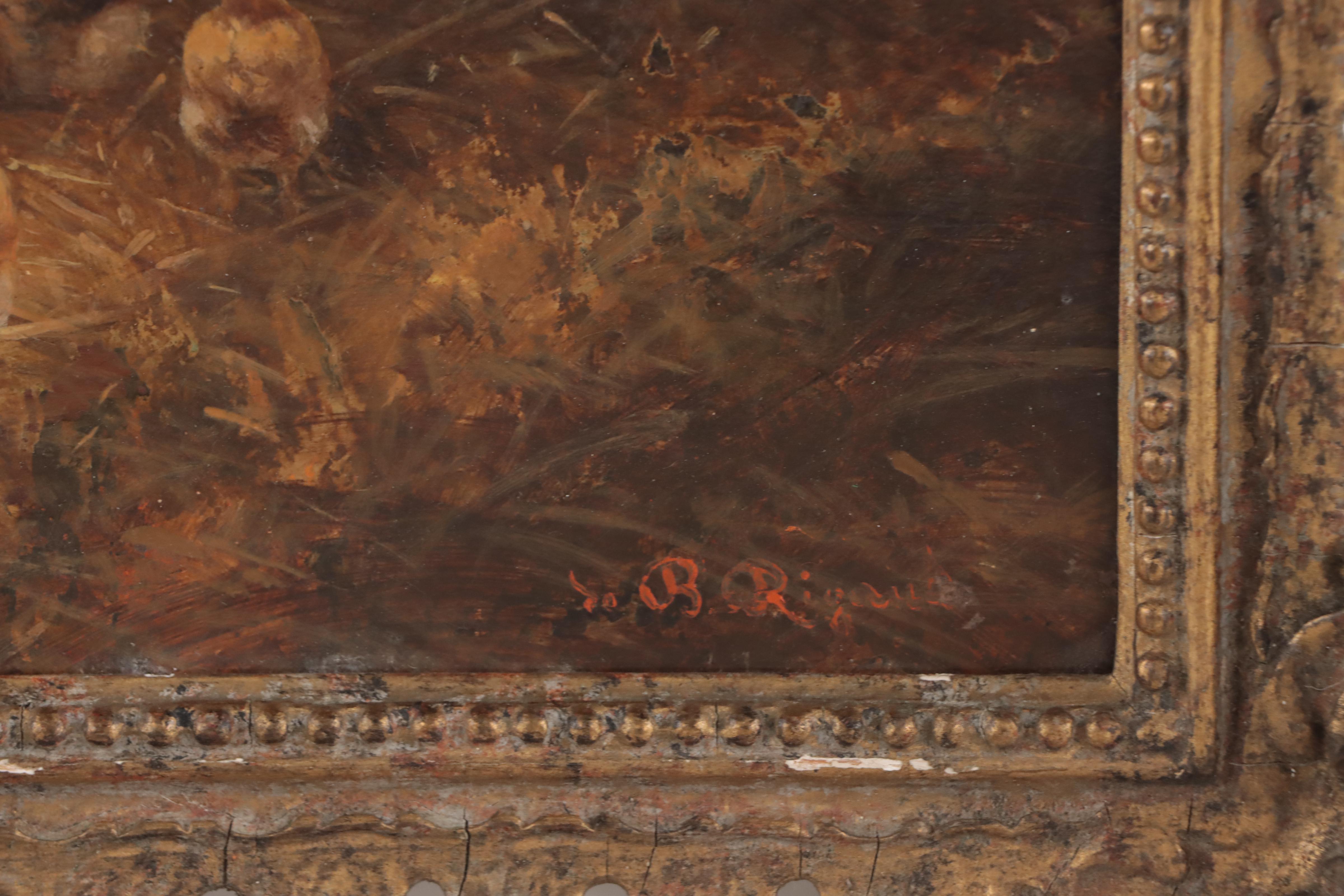 Bucolic Oil Painting of Chickens in a Barn, Late 19th-Early 20th Century