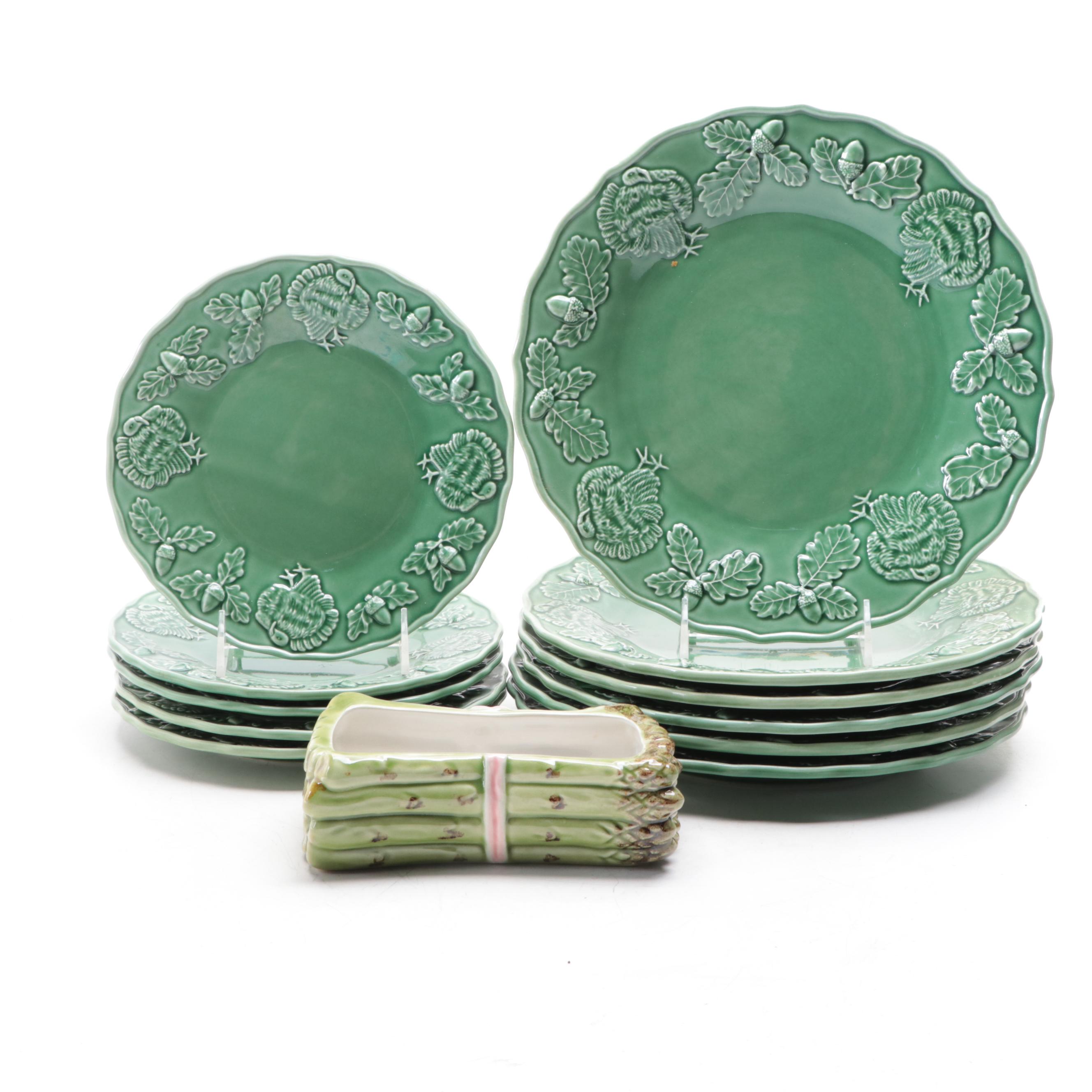 Bordallo Pinheiro Portuguese Majolica Plates and Asparagus Dish