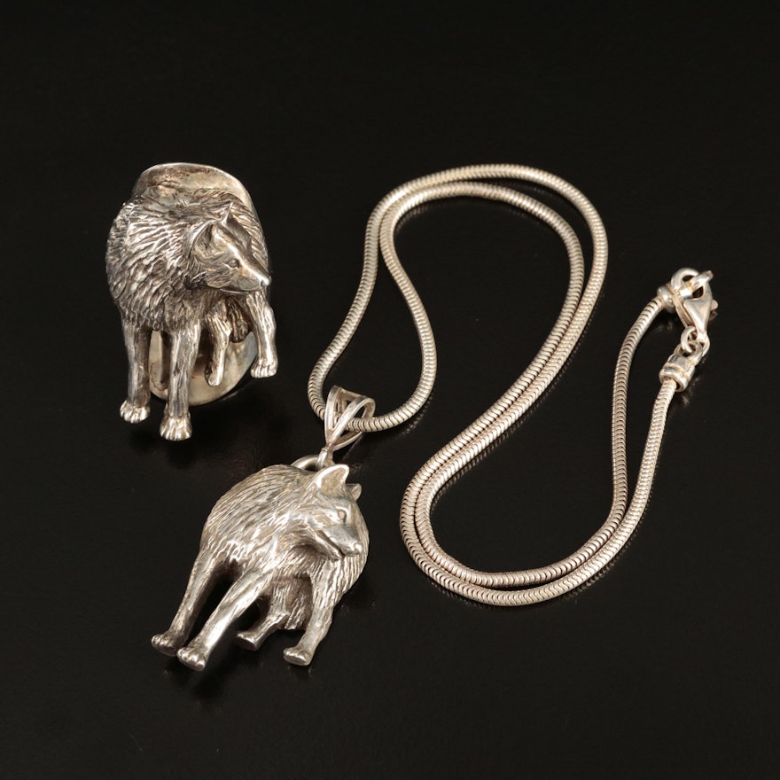 1990 Carol Felley Sterling Wolf Ring and Pendant Necklace