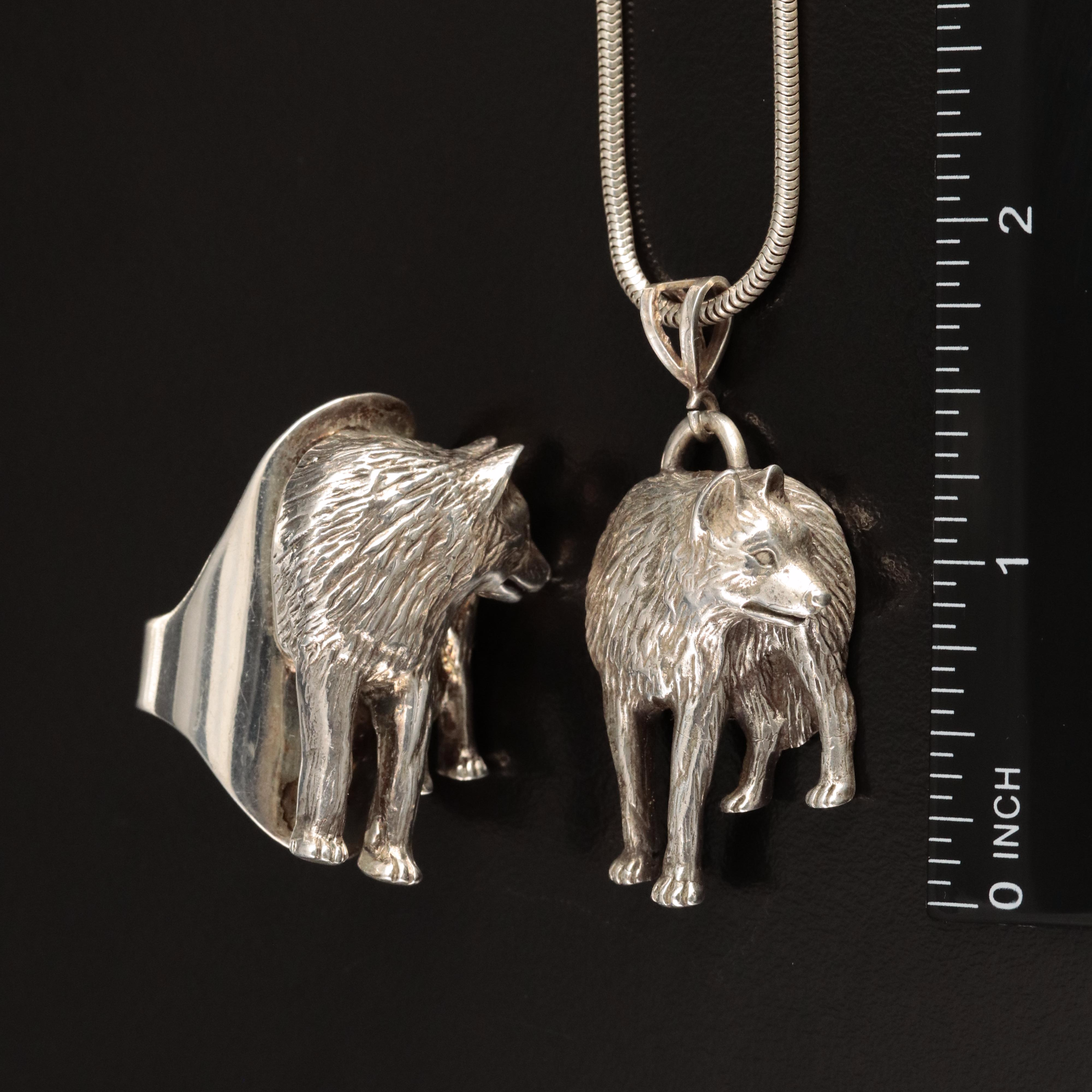 1990 Carol Felley Sterling Wolf Ring and Pendant Necklace