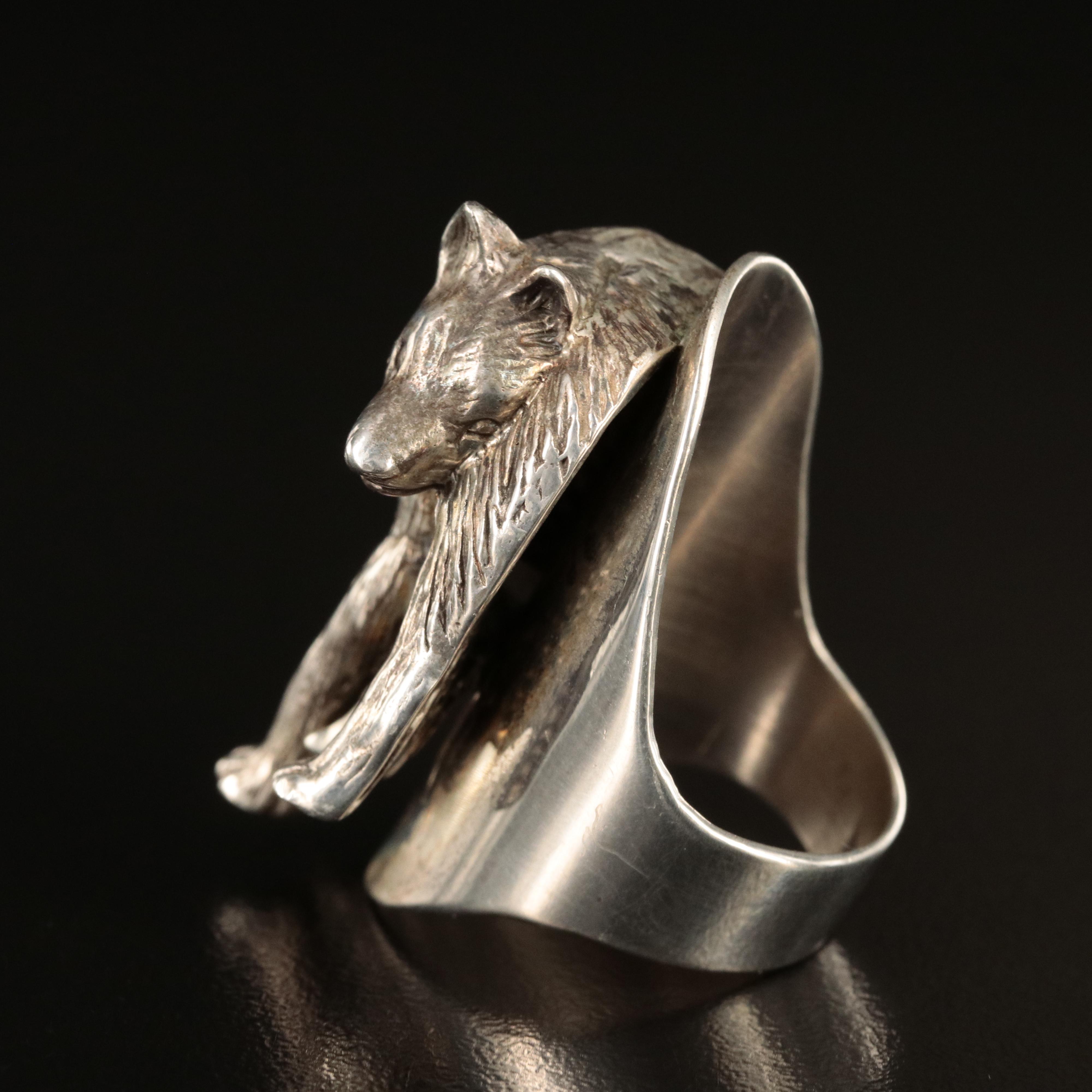 1990 Carol Felley Sterling Wolf Ring and Pendant Necklace