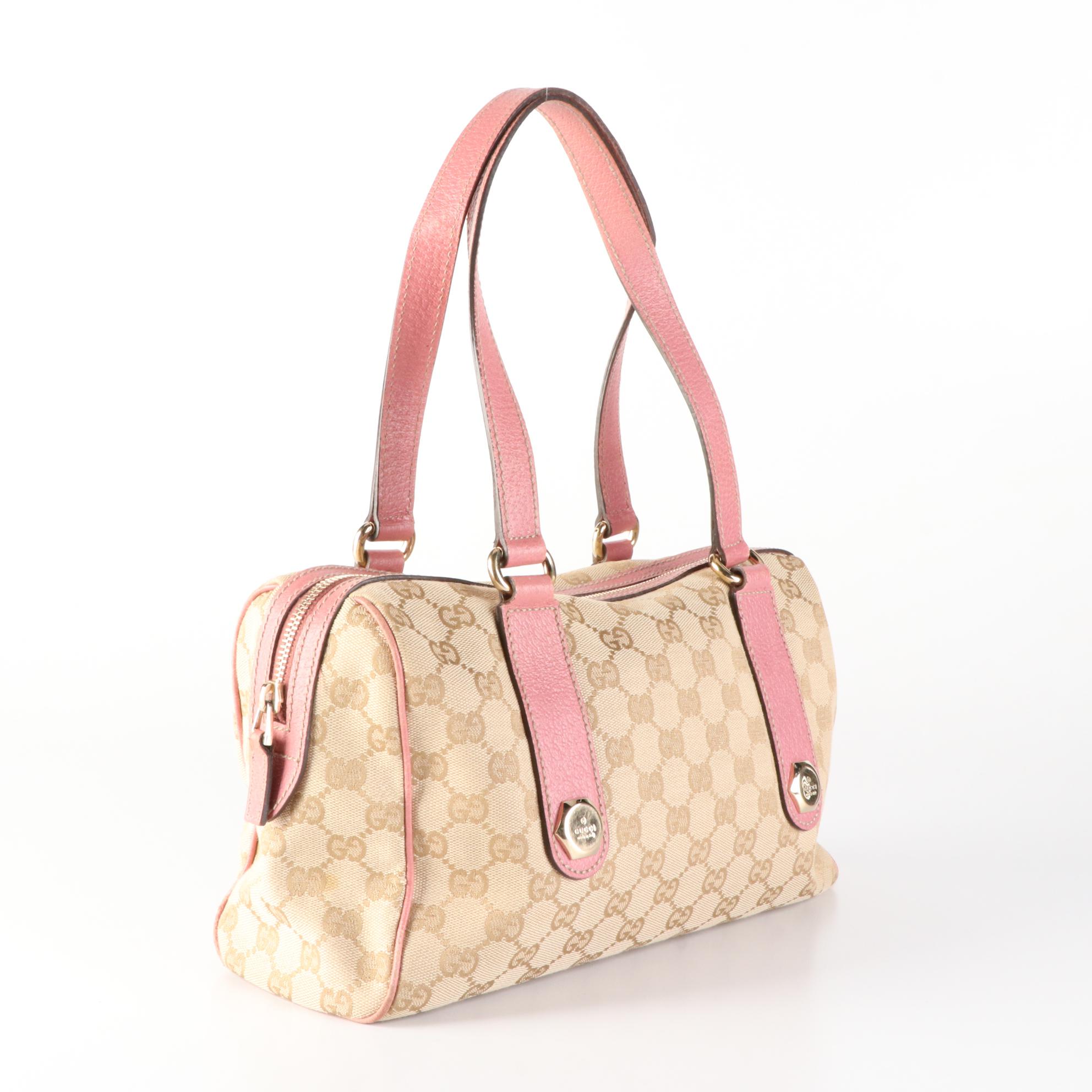 Gucci Small Shoulder Bag in GG Canvas and Pink Cinghiale Leather
