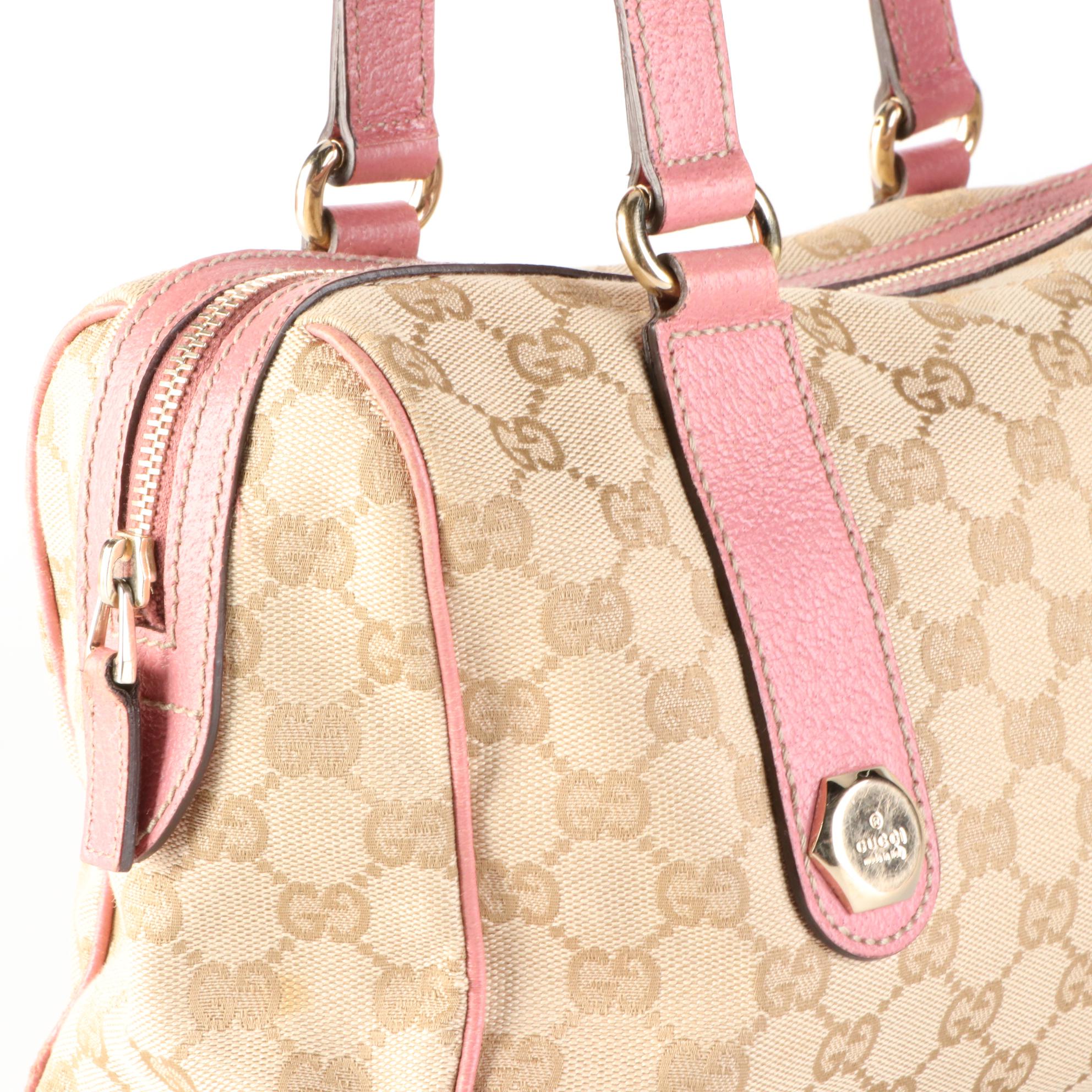 Gucci Small Shoulder Bag in GG Canvas and Pink Cinghiale Leather