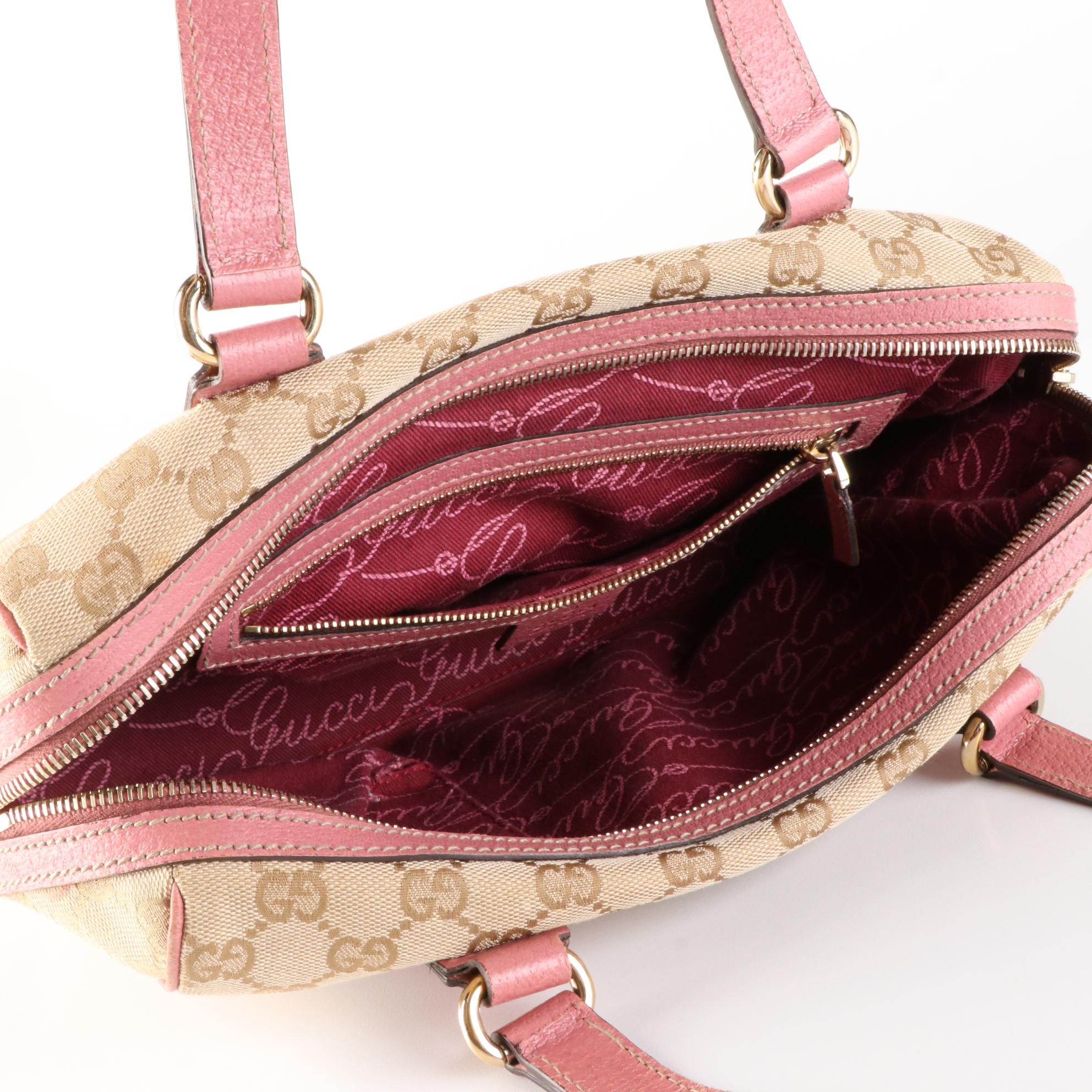 Gucci Small Shoulder Bag in GG Canvas and Pink Cinghiale Leather