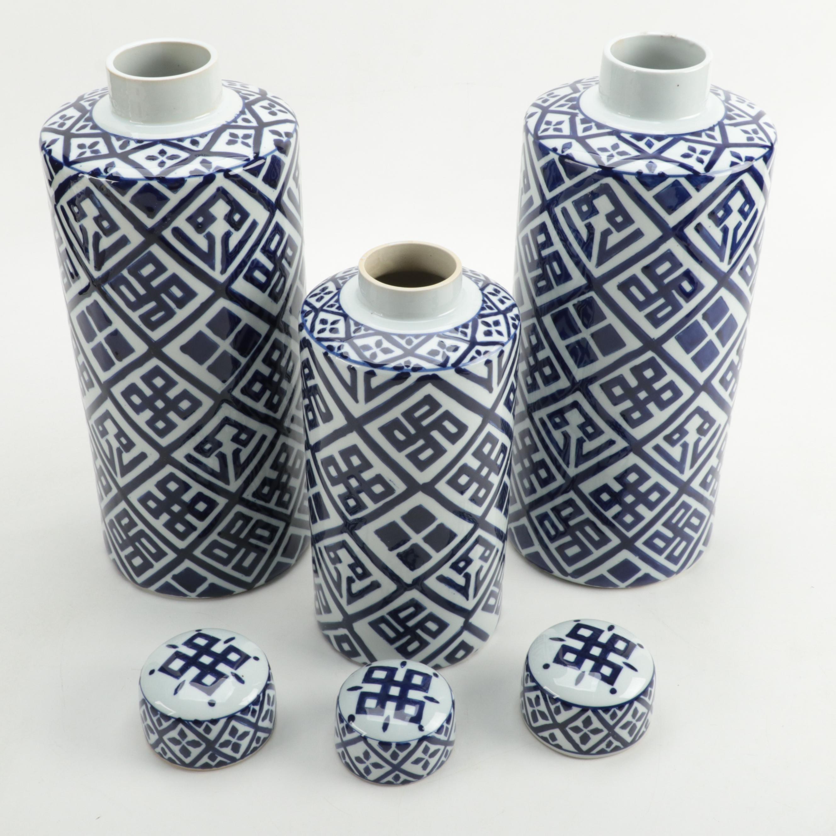 Chinese Porcelain Blue and White Cylindrical Canisters