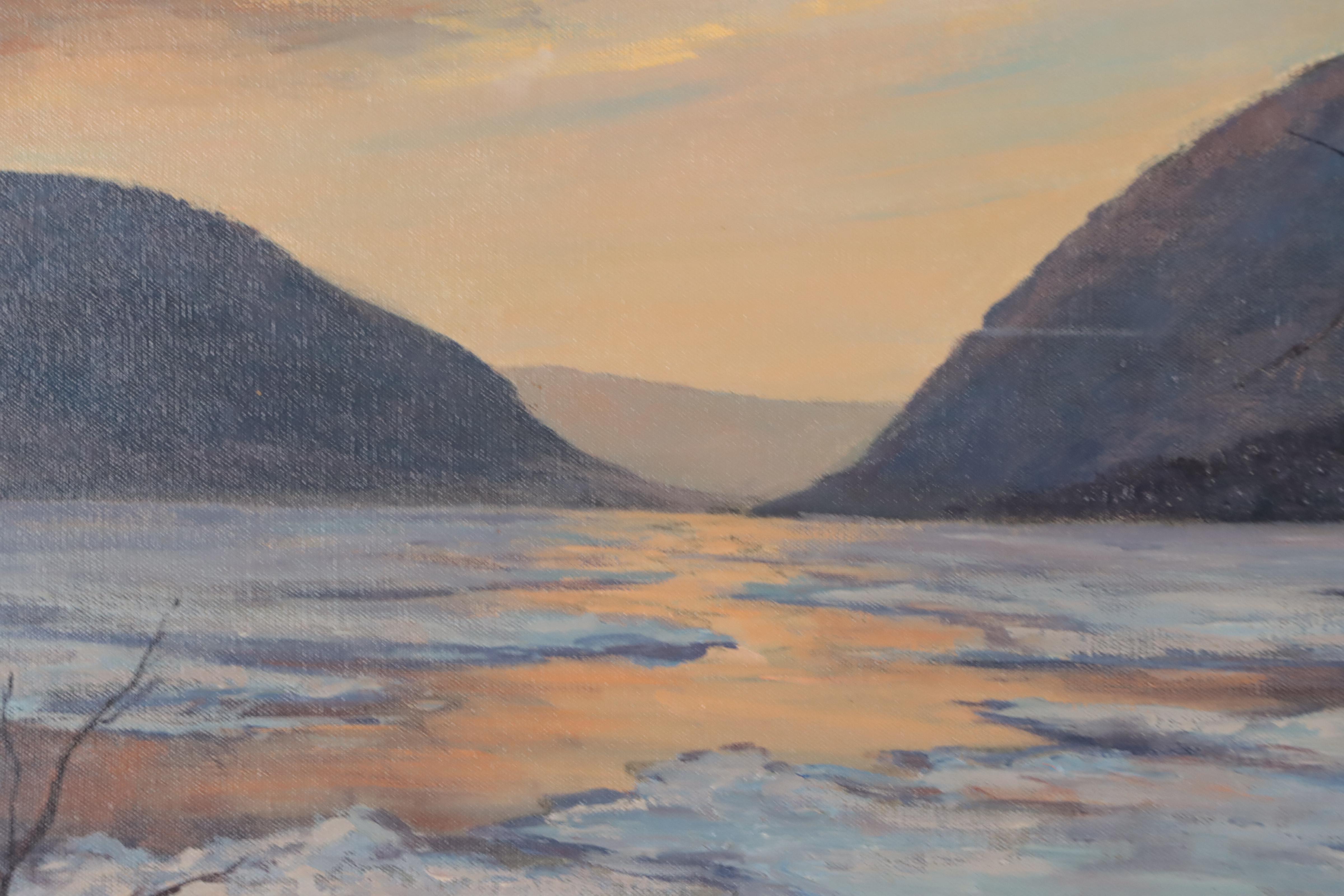 Paul Gould Sunset Lake Landscape Oil Painting, 1973