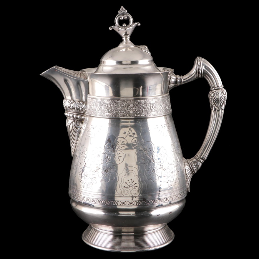 Victorian Aesthetic Movement Silver Plate Water Pitcher, 1882