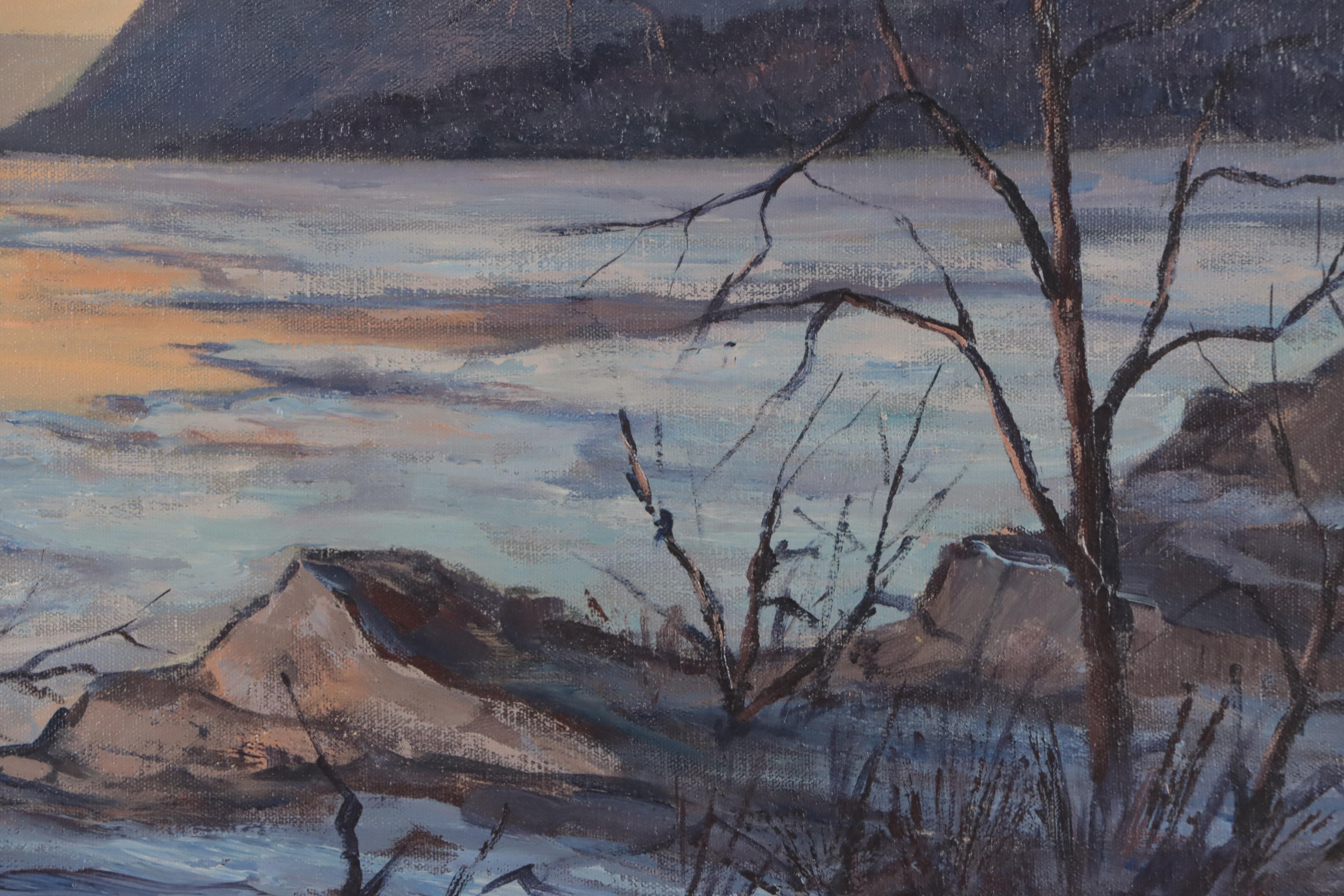 Paul Gould Sunset Lake Landscape Oil Painting, 1973