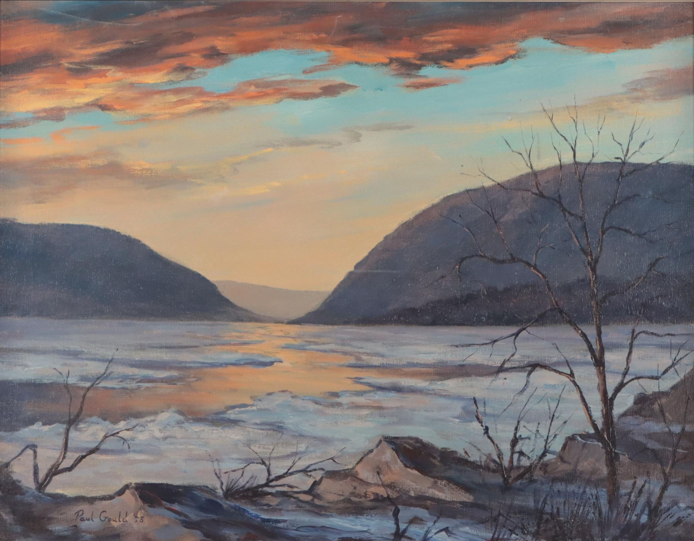 Paul Gould Sunset Lake Landscape Oil Painting, 1973
