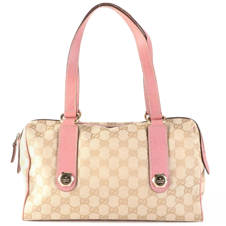 Gucci Small Shoulder Bag in GG Canvas and Pink Cinghiale Leather