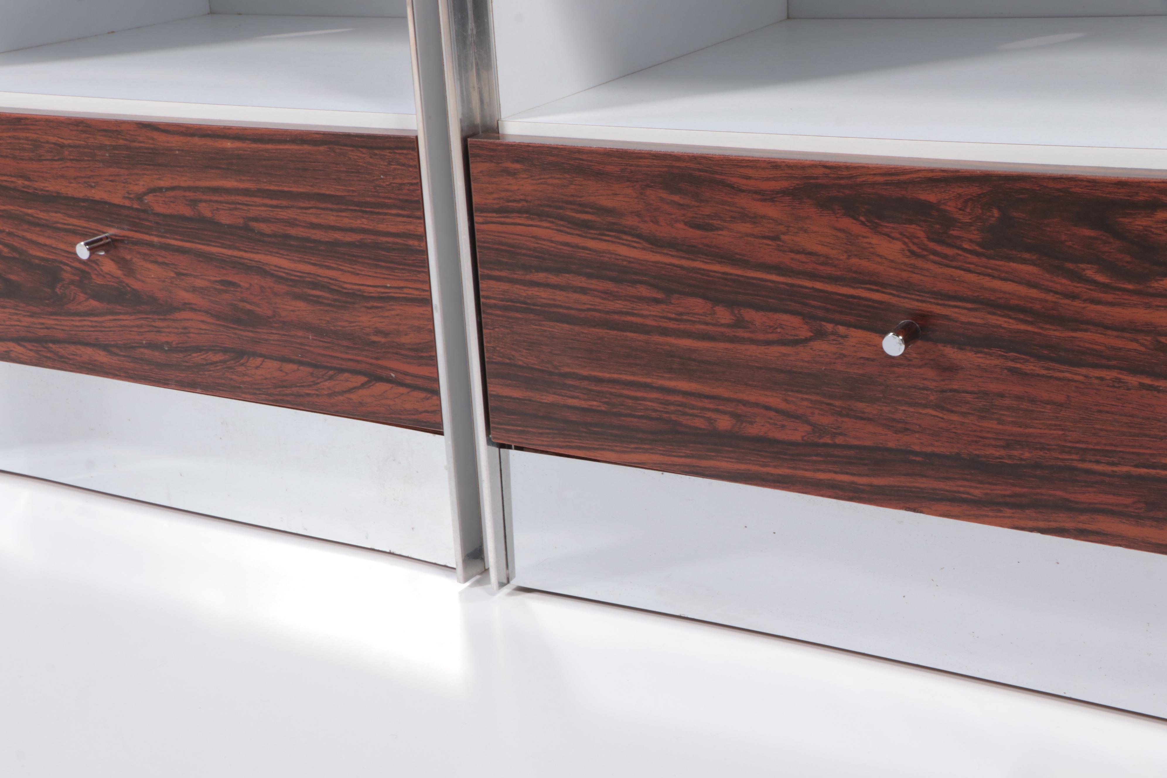 Pair of Modernist White Laminate and Rosewood Single-Drawer Nightstands