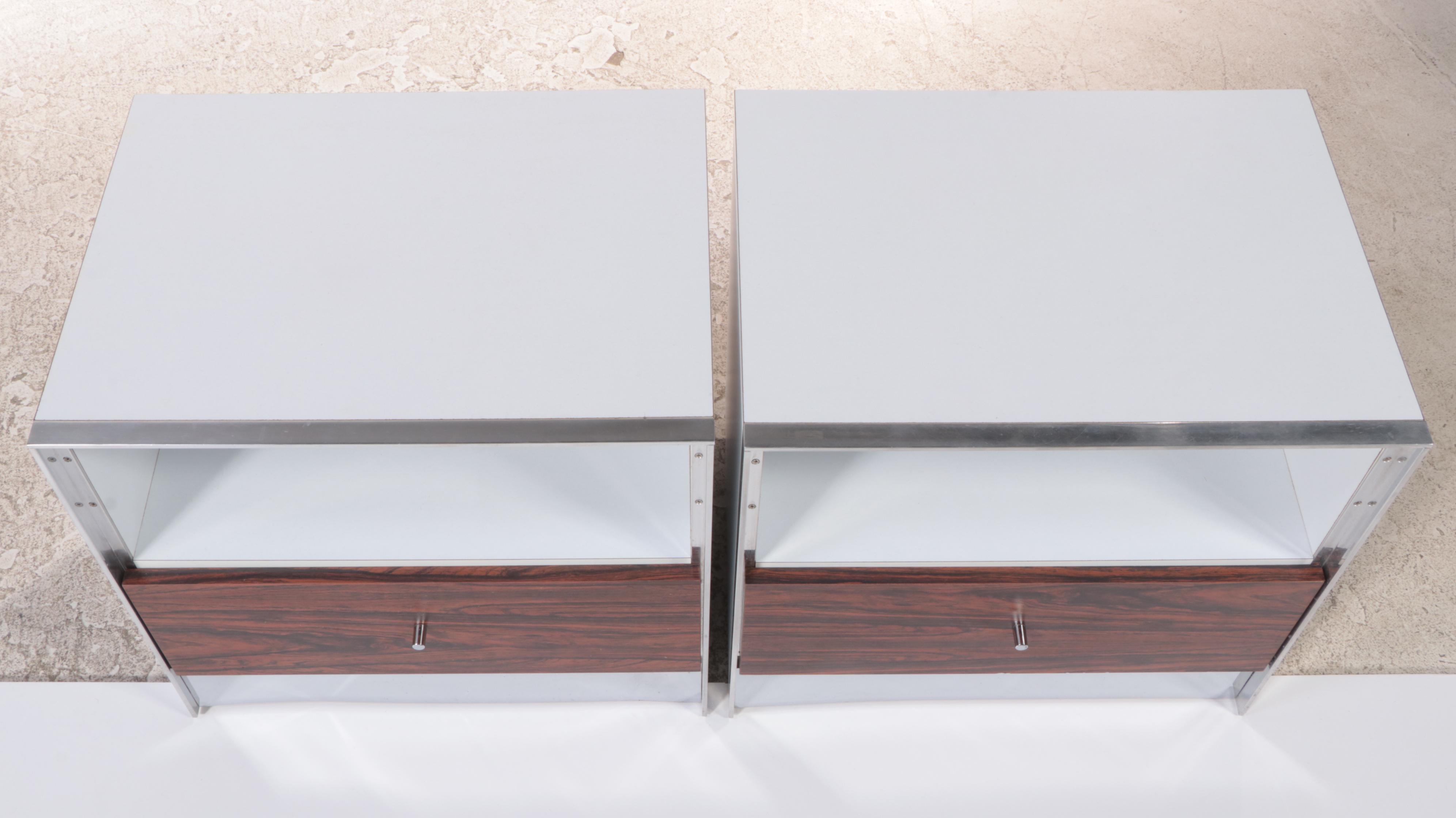 Pair of Modernist White Laminate and Rosewood Single-Drawer Nightstands