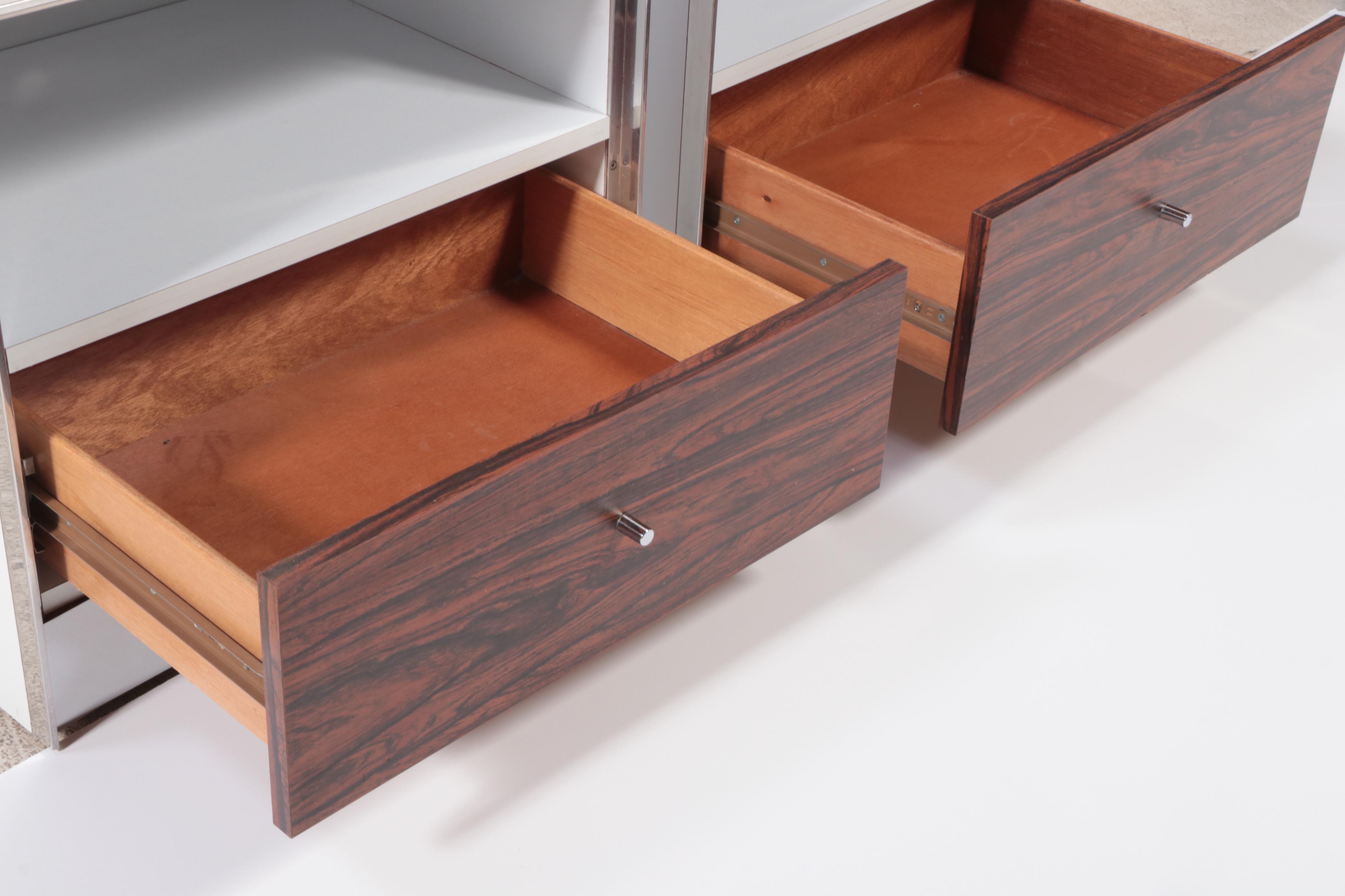 Pair of Modernist White Laminate and Rosewood Single-Drawer Nightstands