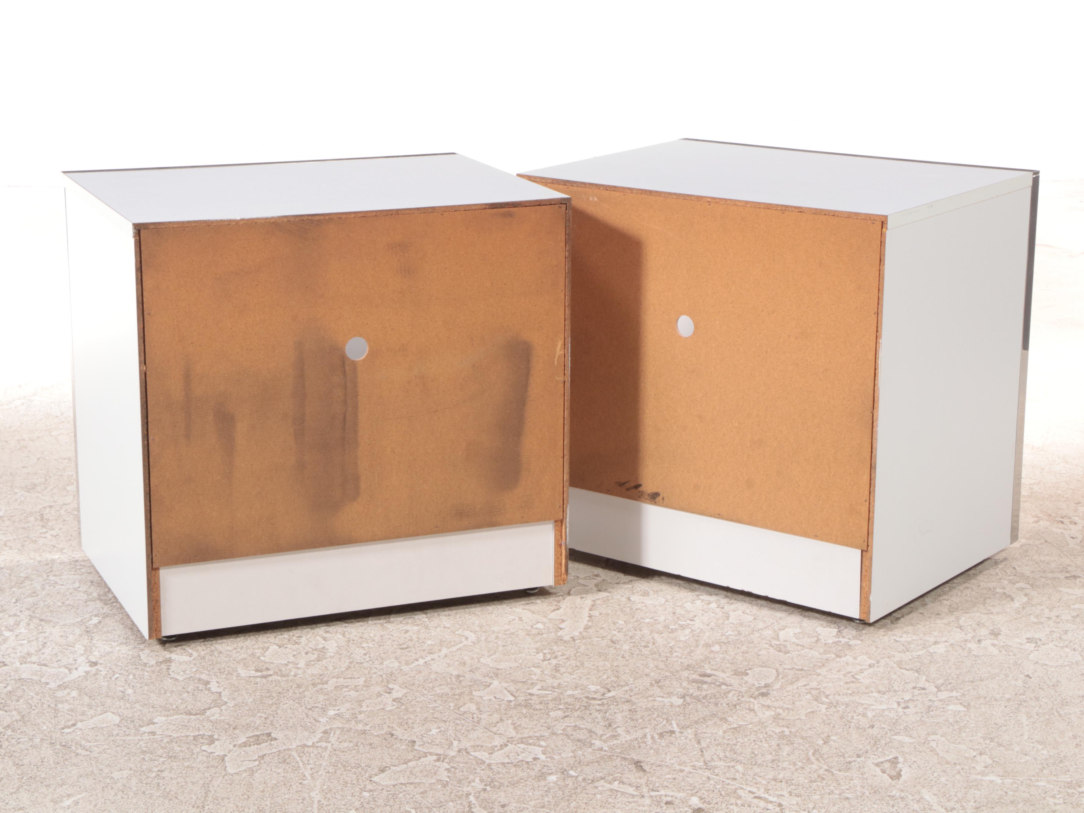 Pair of Modernist White Laminate and Rosewood Single-Drawer Nightstands