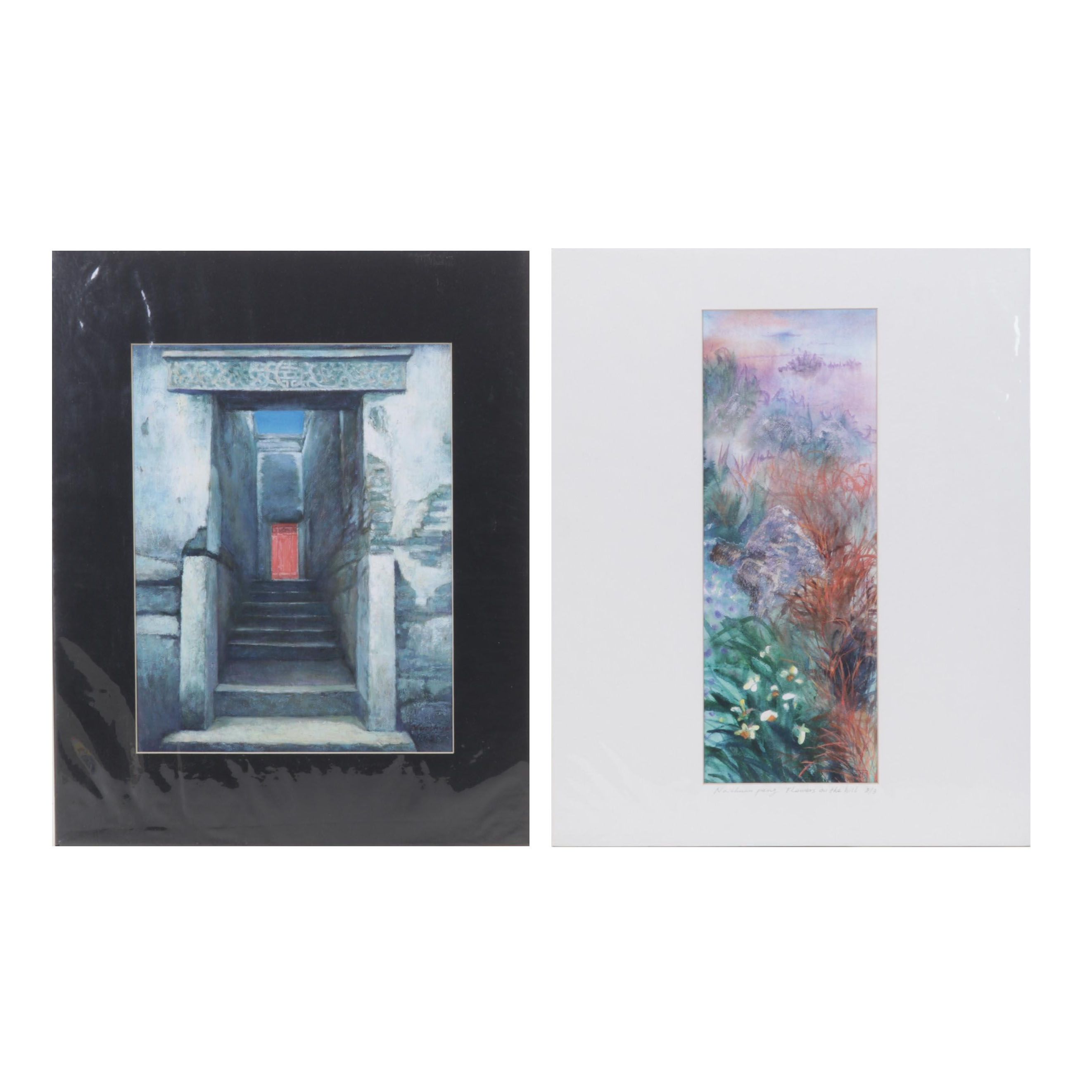 Naichuan Peng Giclées "Flowers on the Hill" and "Red Door #3," 21st Century