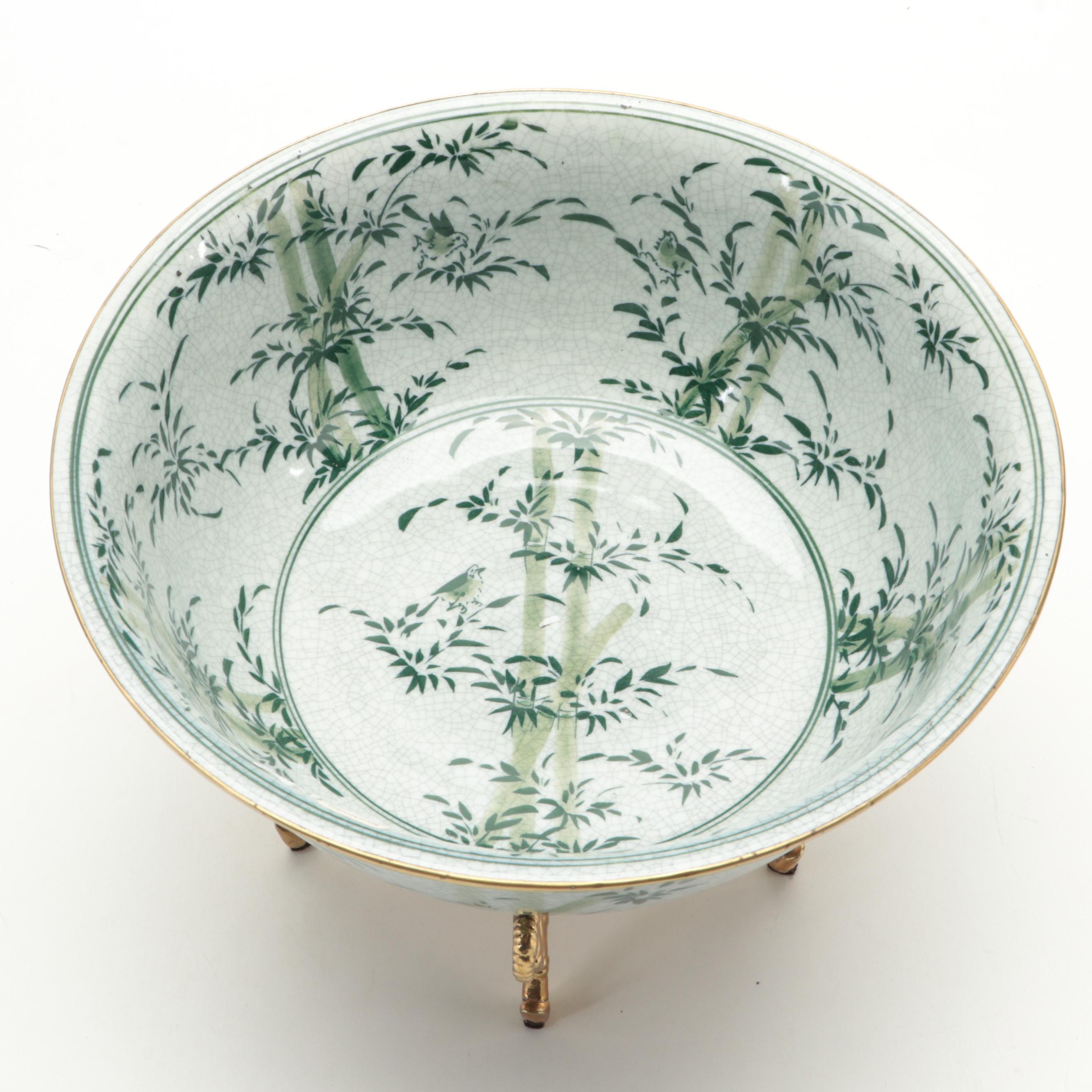 Chinese Shunzhi Period Style Crackle Glaze Bamboo Motif Porcelain Bowl