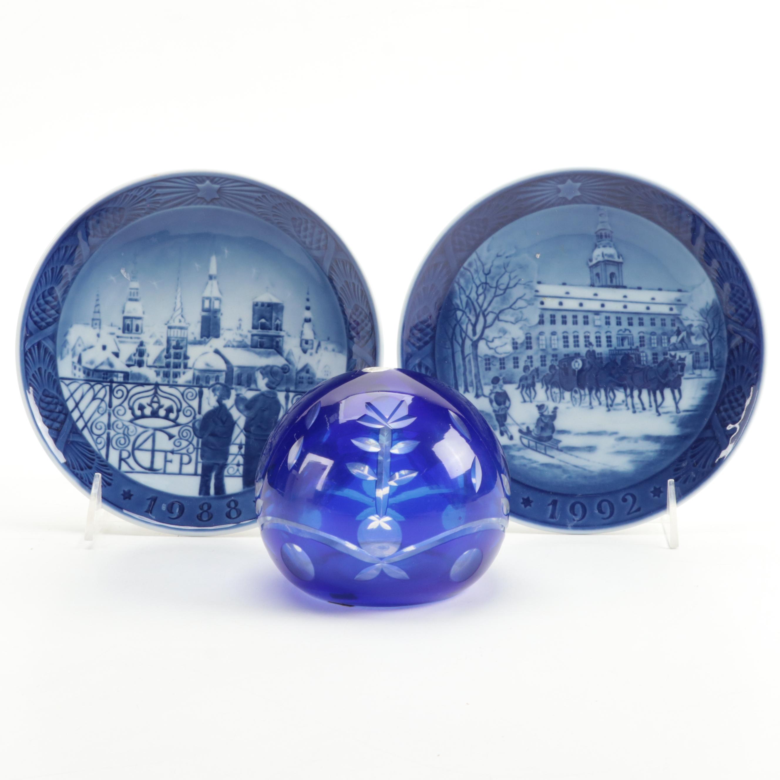 Bing & Grøndahl Annual Christmas Plates, Romanian Etched Blue Glass Paperweight