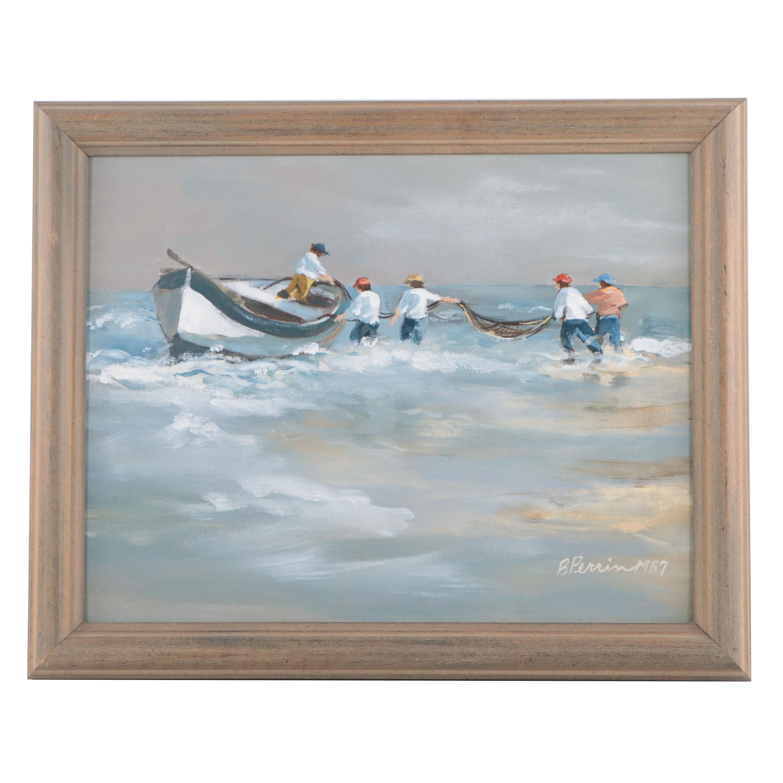 B. Perrin Coastal Scene Oil Painting in the Manner of Robert Fabe, 1987