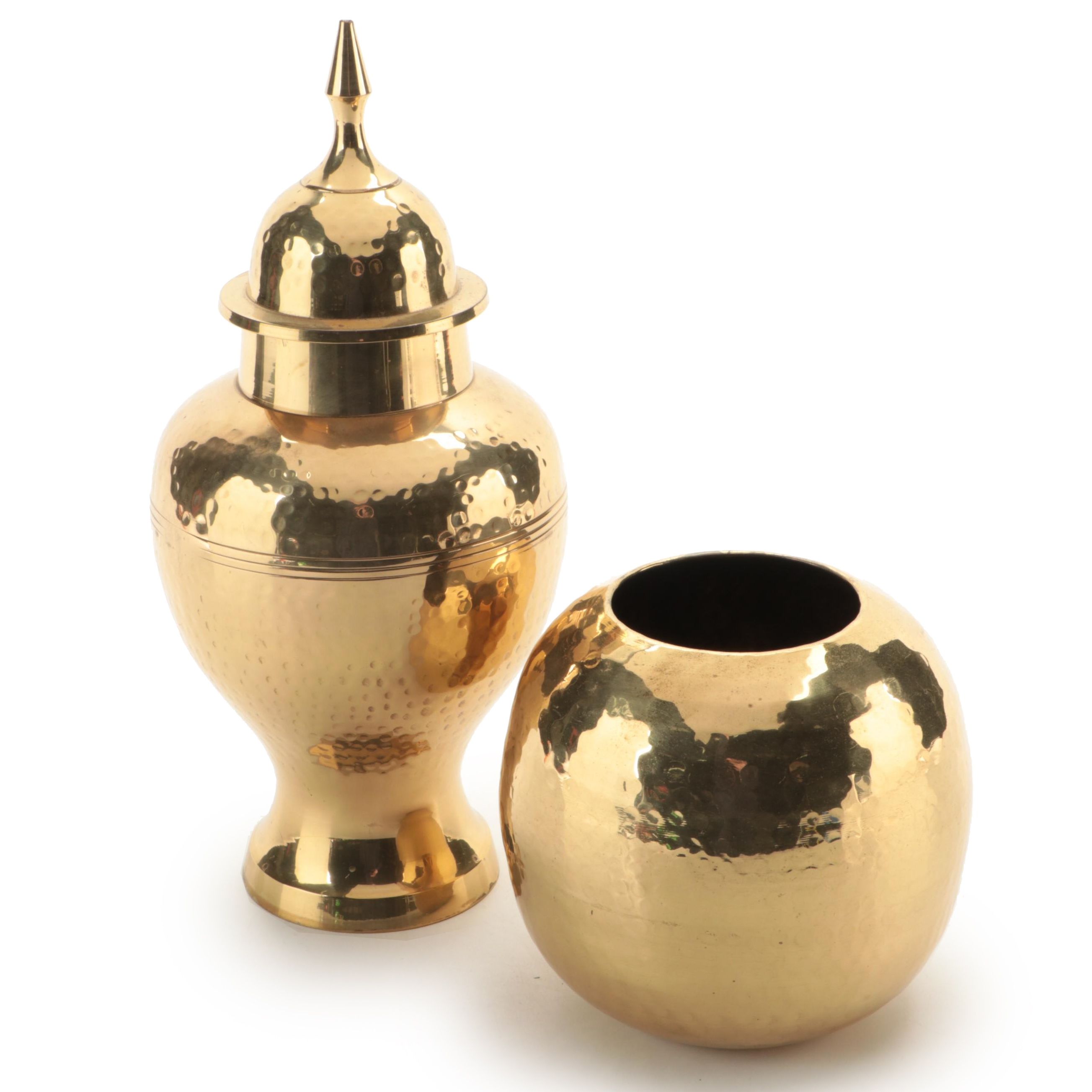 Indian Hammered Brass Temple Jar and Round Vase