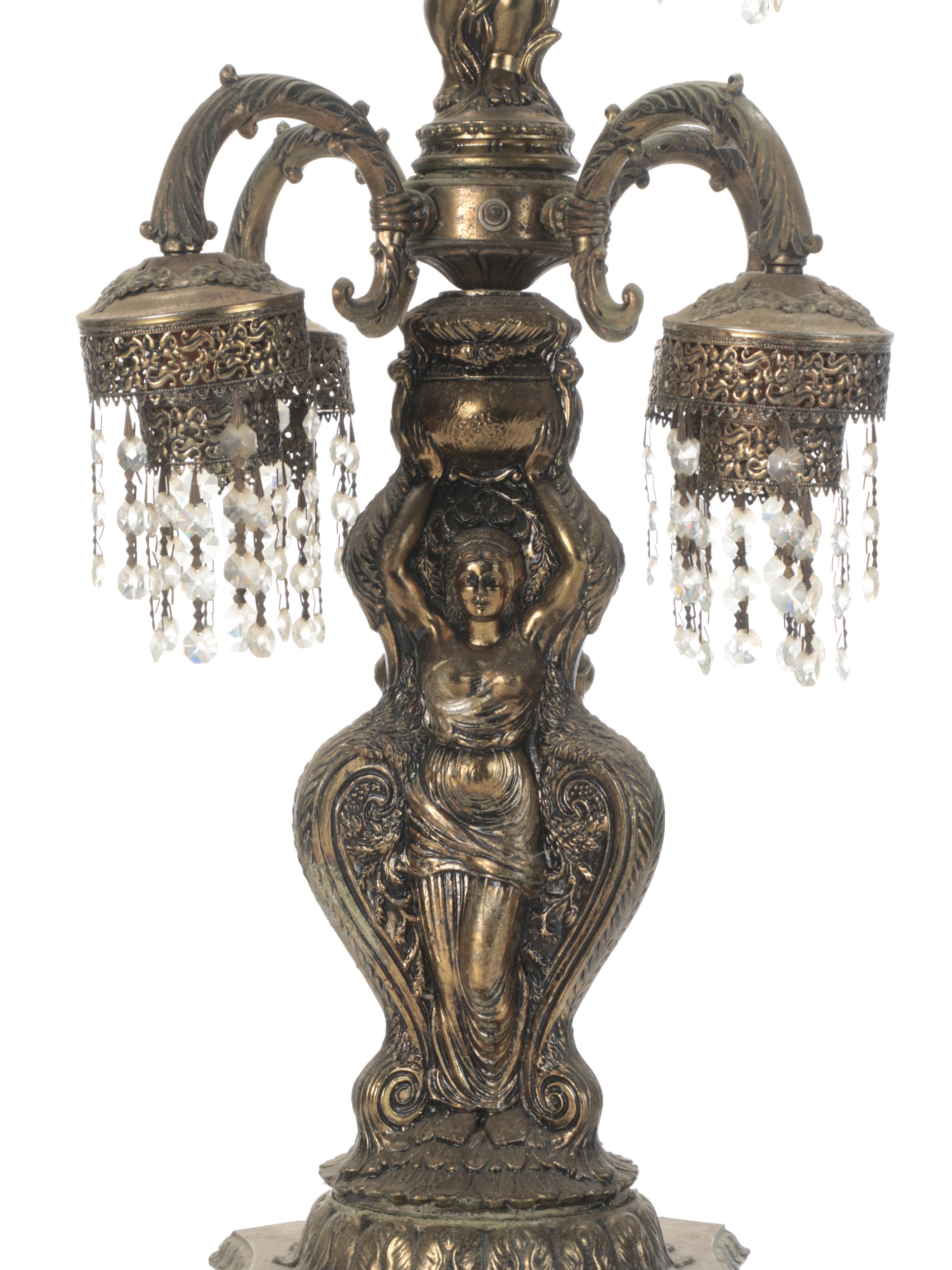 Pair of Hollywood Regency Gilt Metal Putti Tiered Lamps, Mid-20th Century