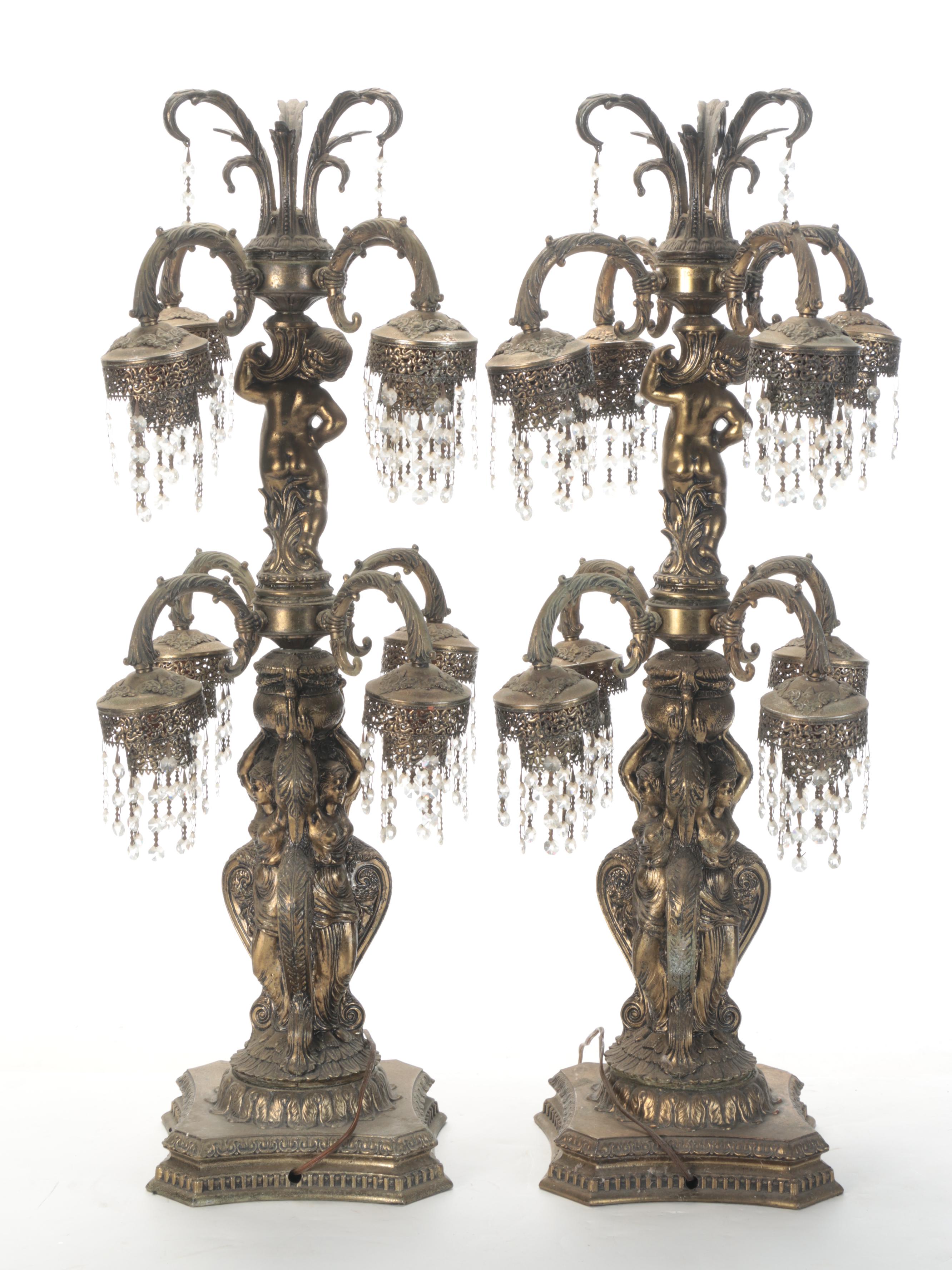Pair of Hollywood Regency Gilt Metal Putti Tiered Lamps, Mid-20th Century