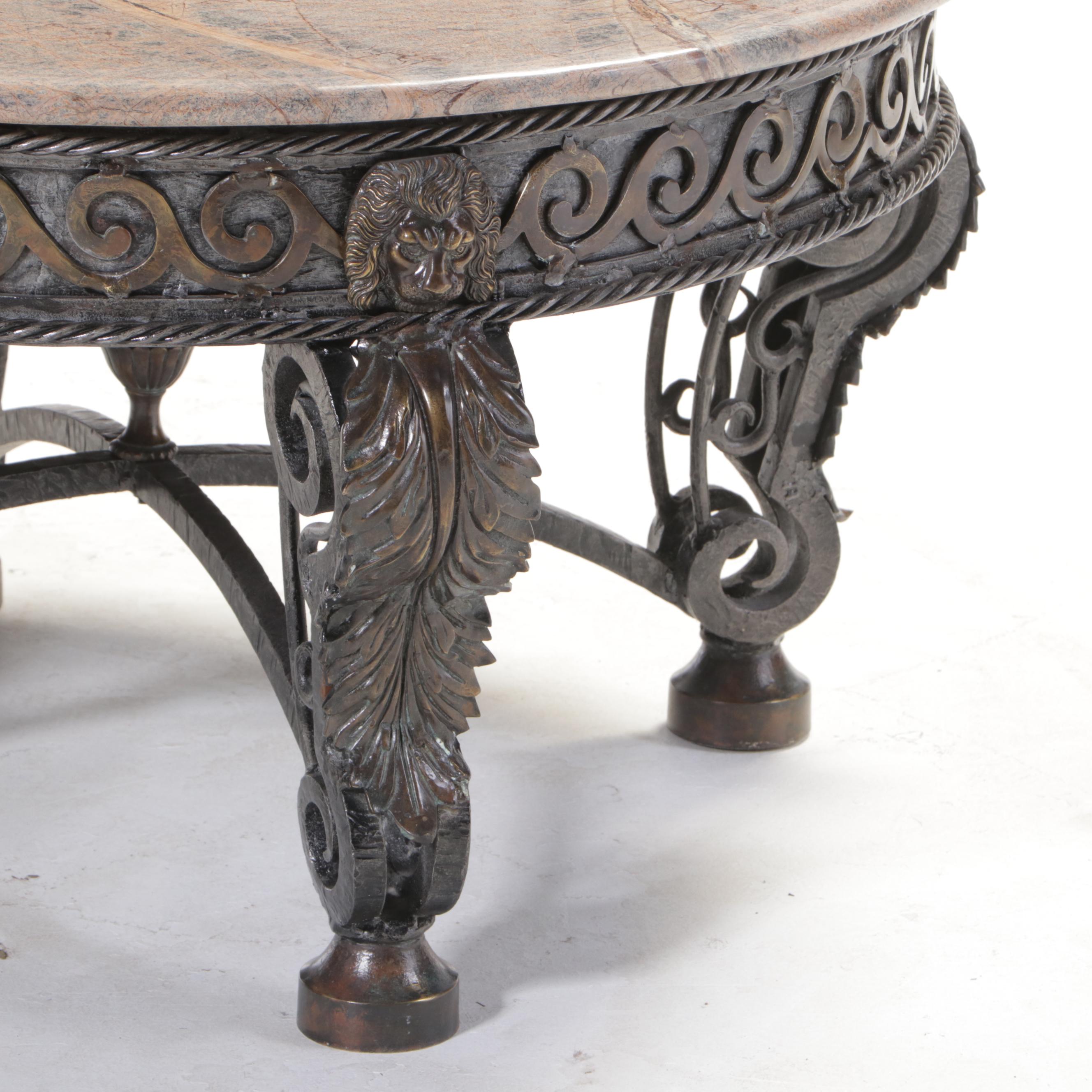 Brass-Mounted Iron and Marble Top Coffee Table