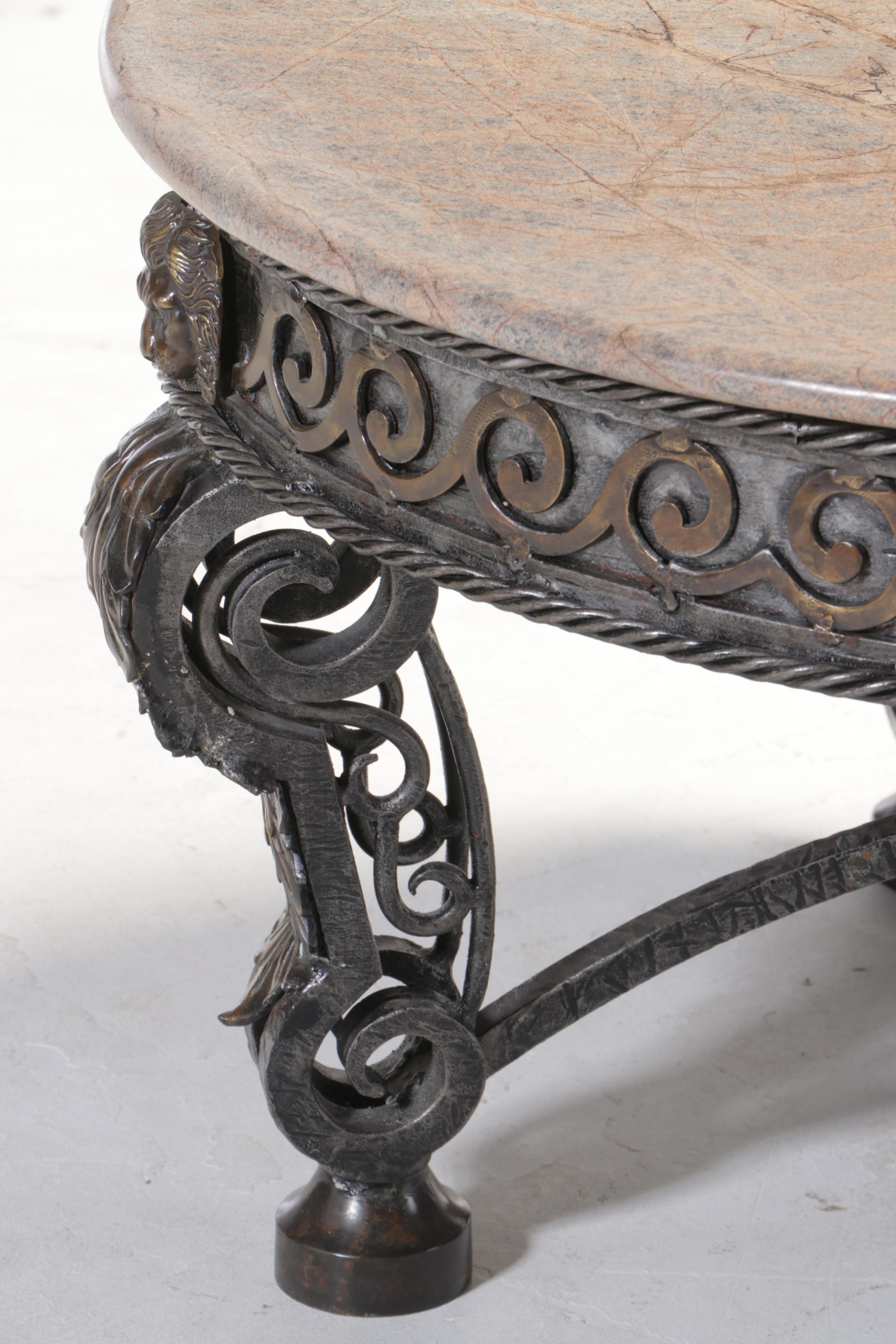 Brass-Mounted Iron and Marble Top Coffee Table